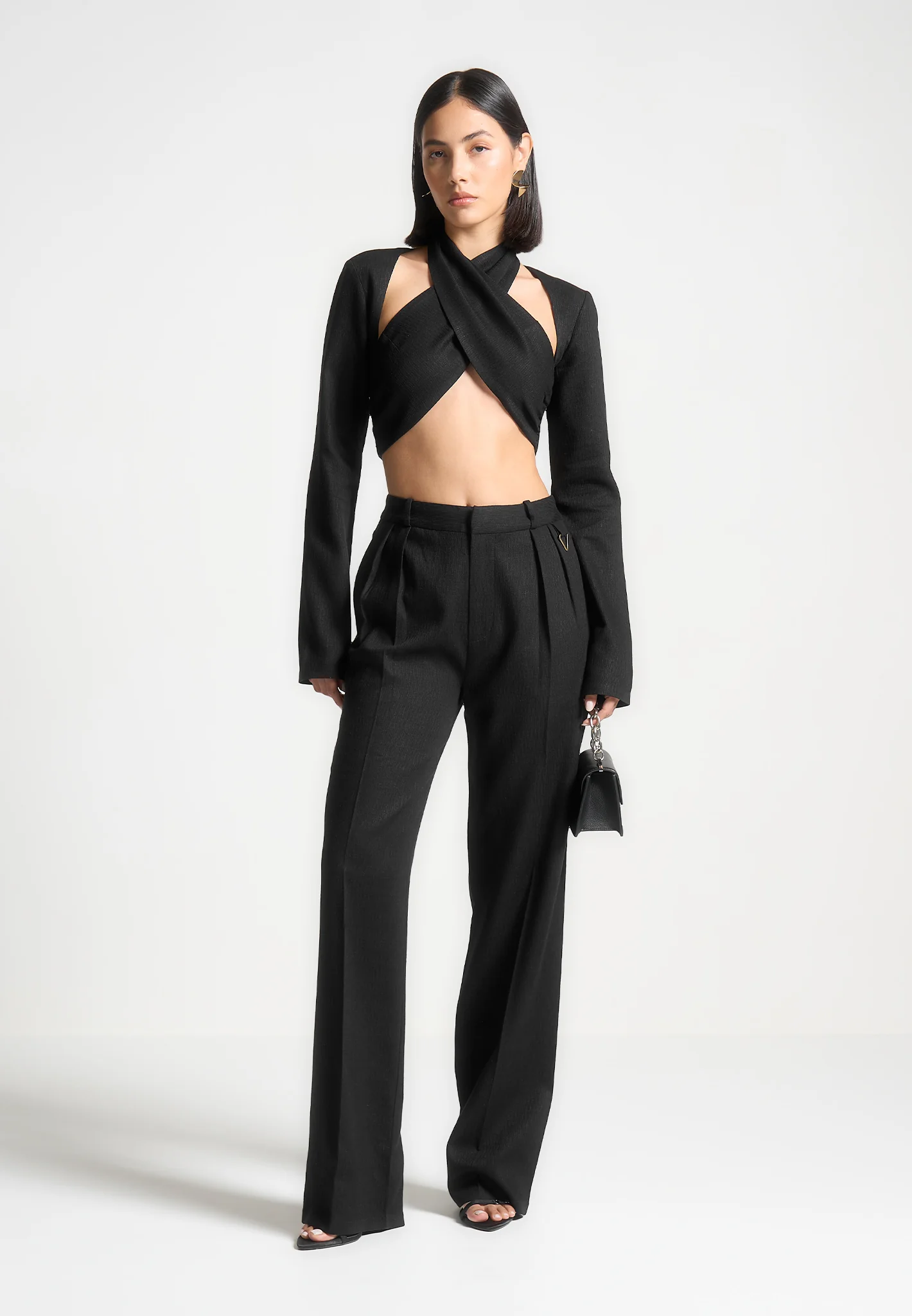 Wendy - Linen Crossover Bolero Top - Black