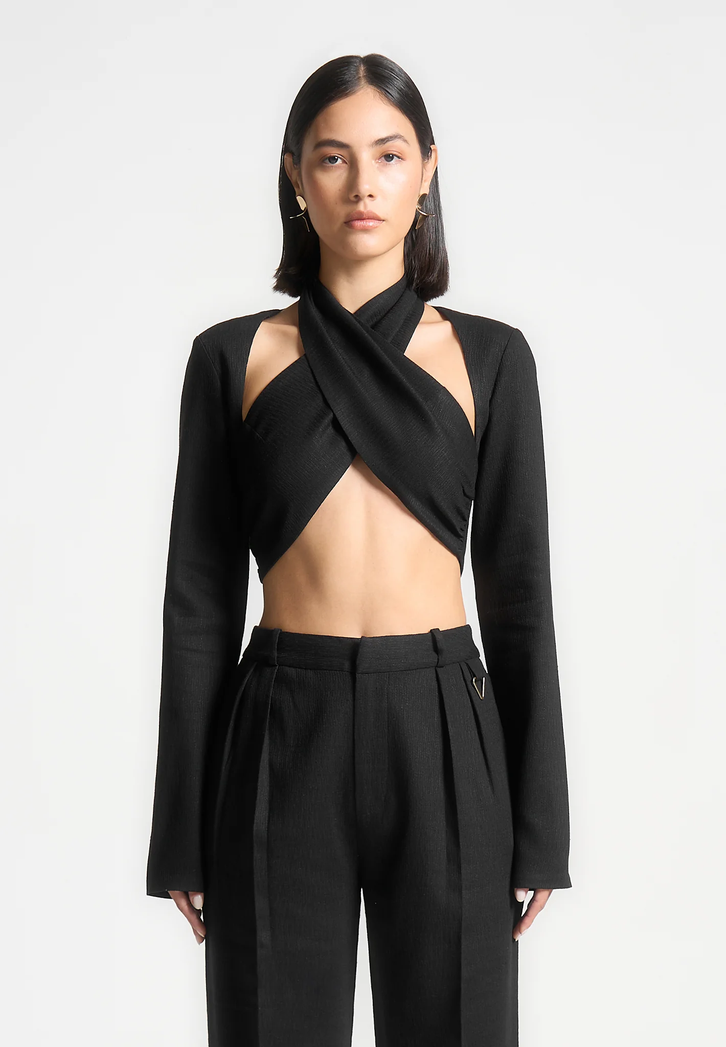 Wendy - Linen Crossover Bolero Top - Black - Image 2