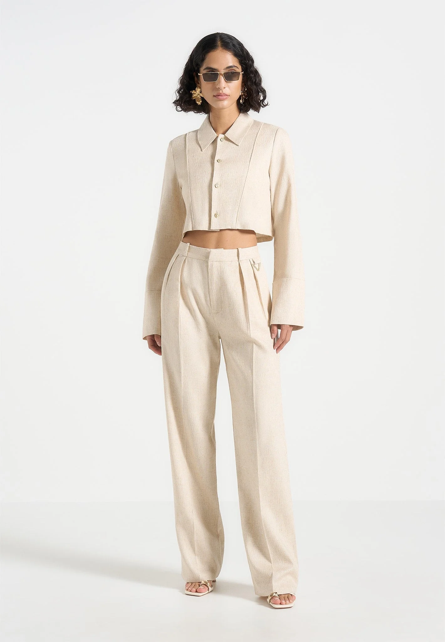 Florine - Linen Pintuck Cropped Shirt - Natural - Image 2