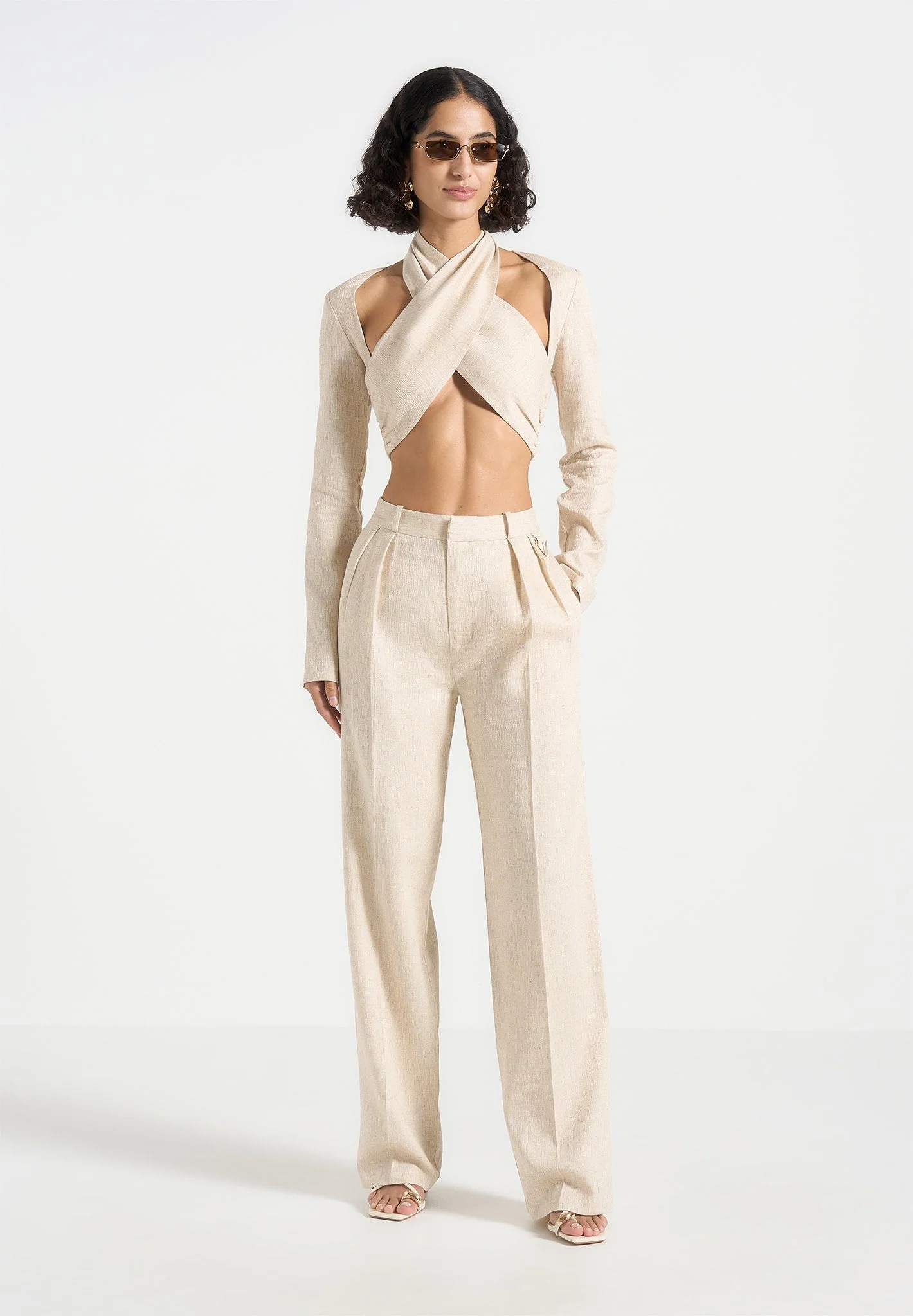 Julie - Linen Twin Pleat Trousers - Natural - Image 2