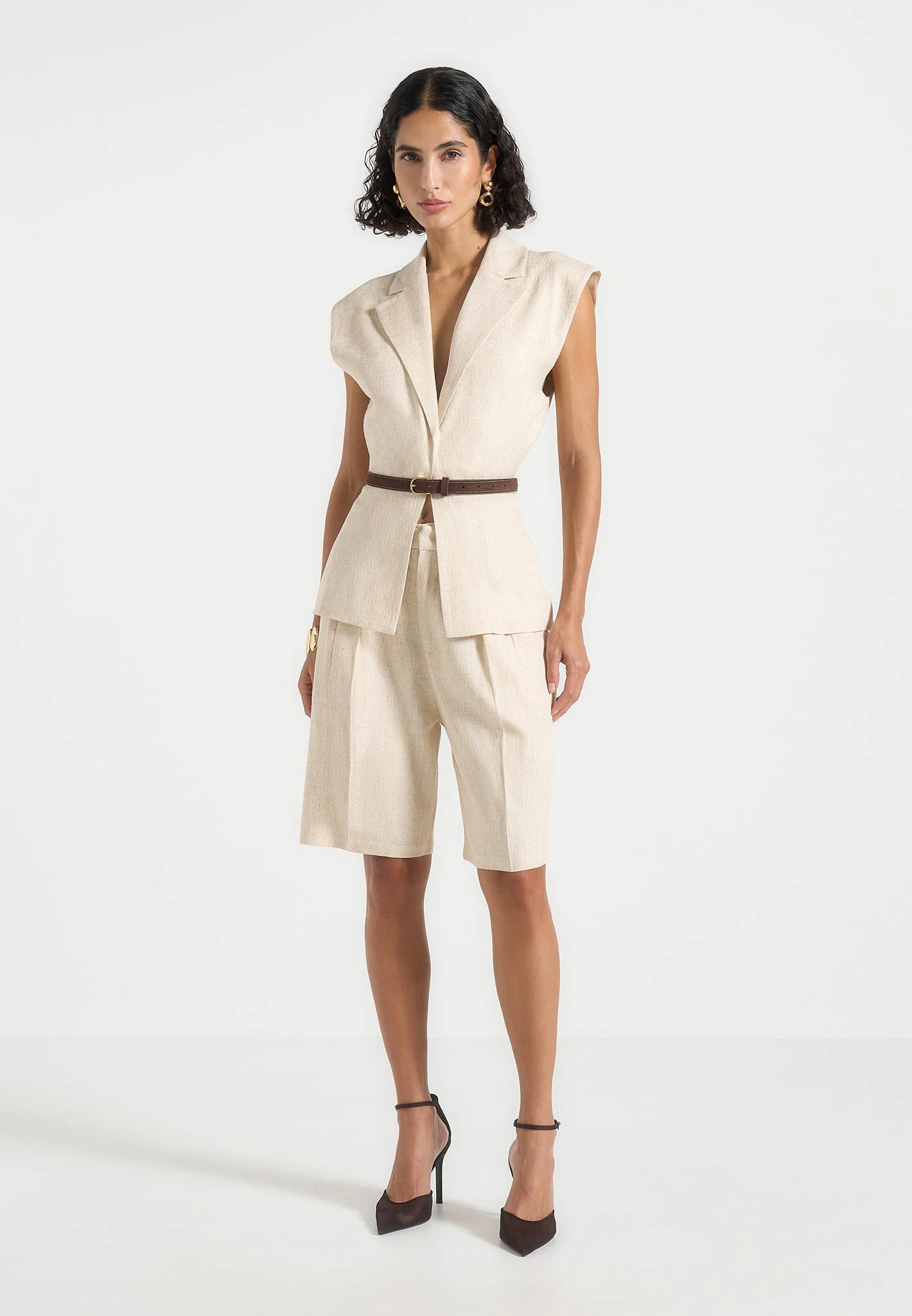 Linda - Linen Wide Shoulder Cinched Waistcoat - Natural - Image 2