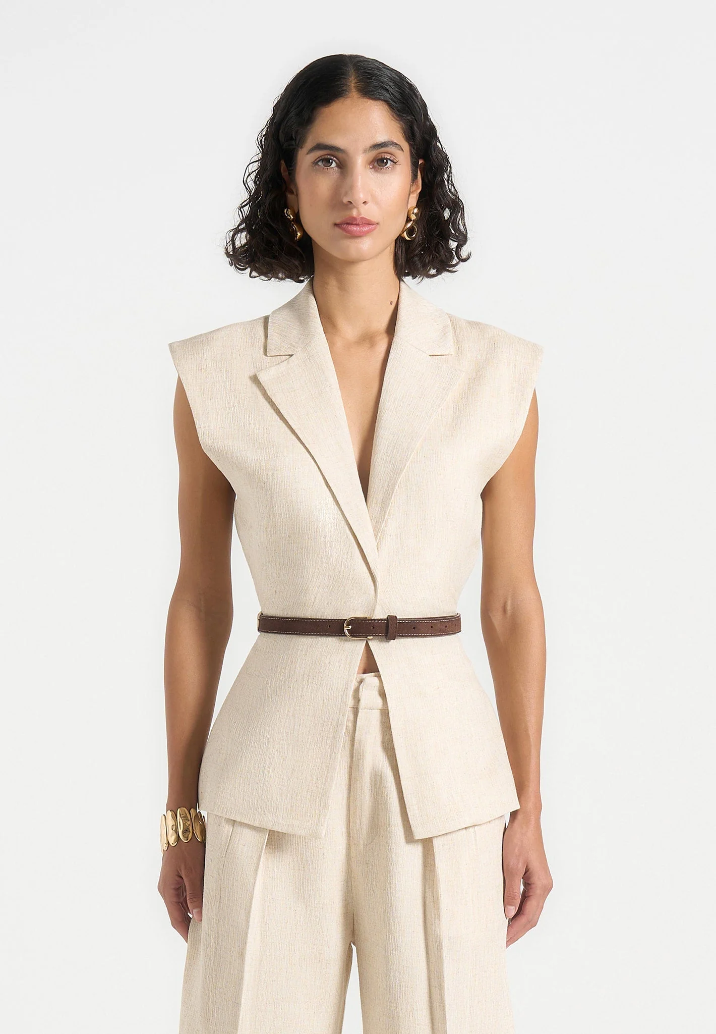 Linda - Linen Wide Shoulder Cinched Waistcoat - Natural - Image 3