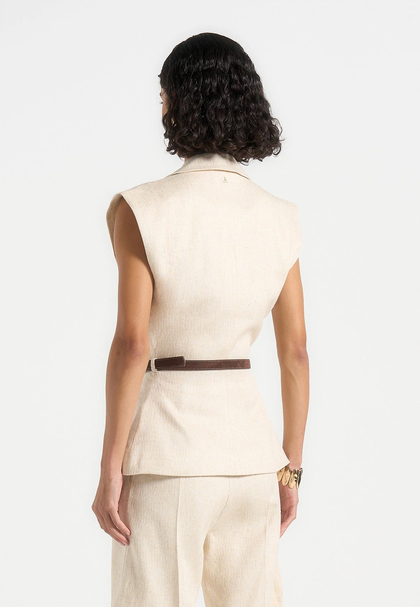 Linda - Linen Wide Shoulder Cinched Waistcoat - Natural - Image 4