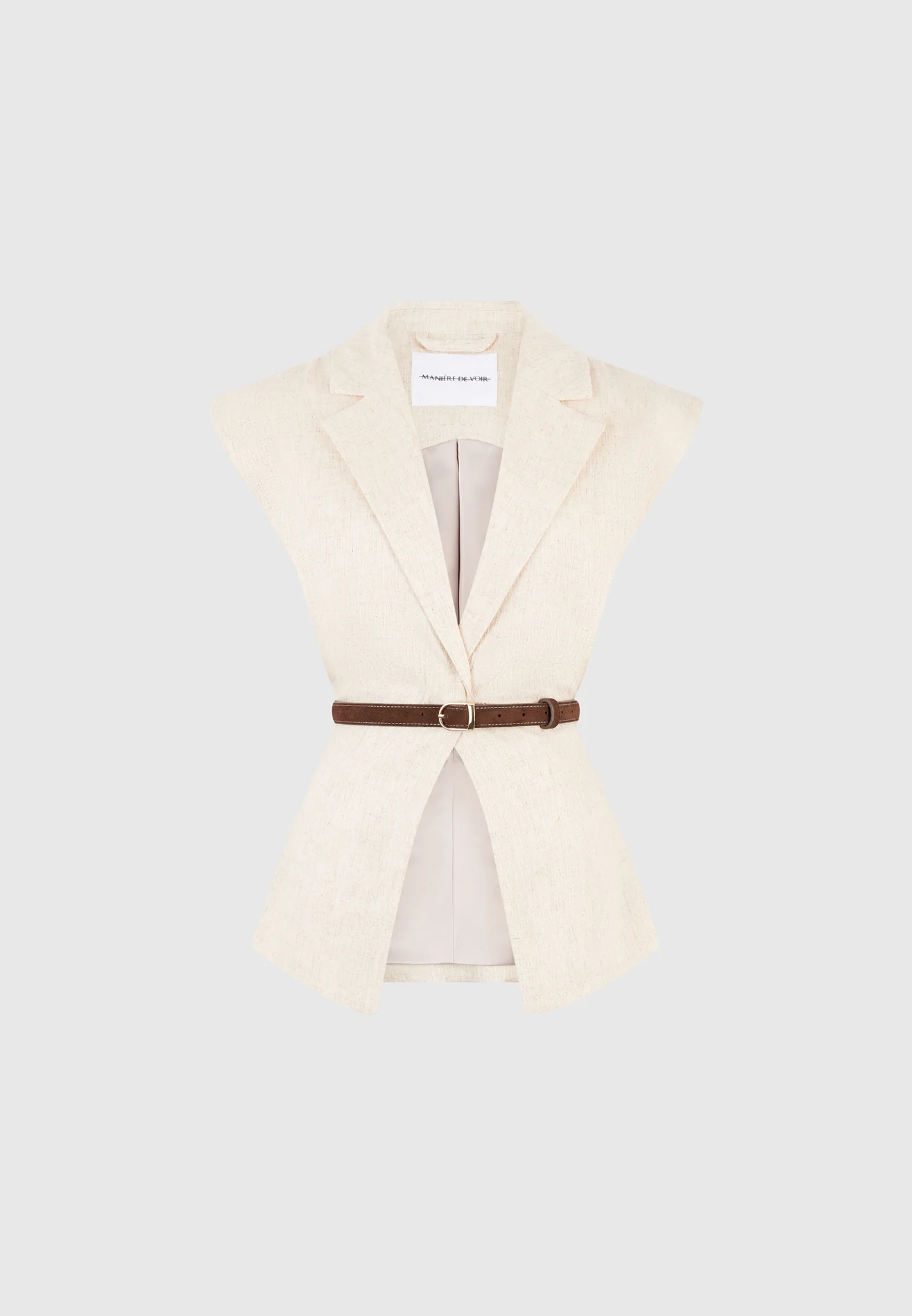 Linda - Linen Wide Shoulder Cinched Waistcoat - Natural - Image 5