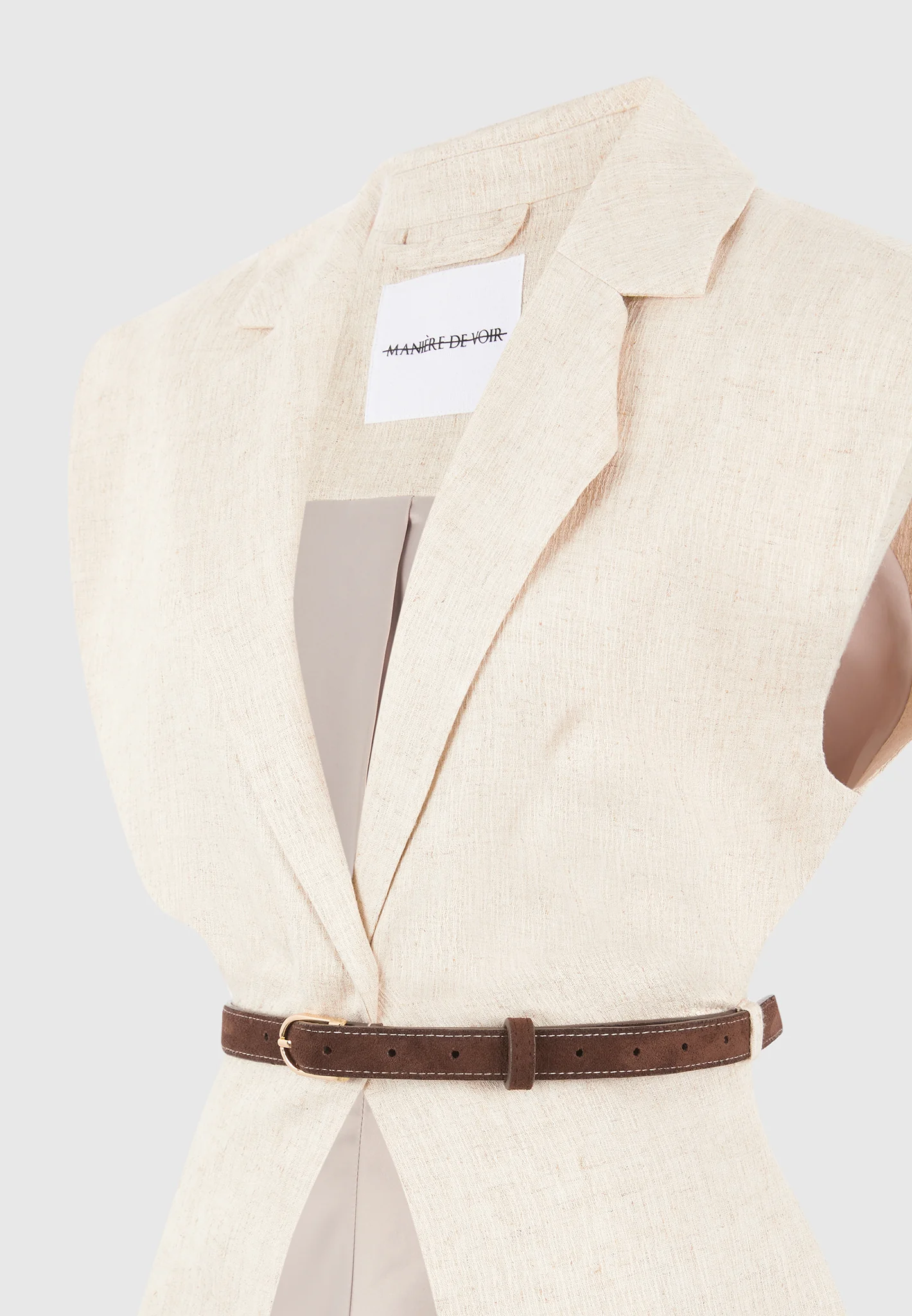 Linda - Linen Wide Shoulder Cinched Waistcoat - Natural - Image 6
