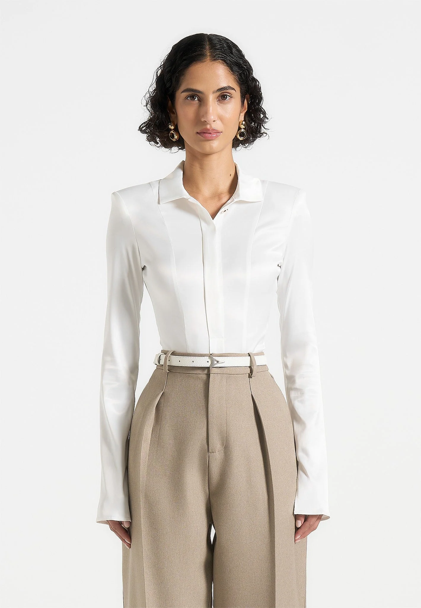 Louise - Wide Shoulder Satin Shirt Bodysuit - Off White - Image 4
