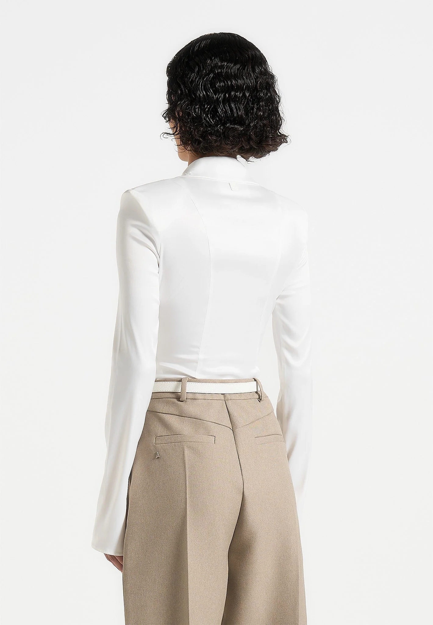 Louise - Wide Shoulder Satin Shirt Bodysuit - Off White - Image 5