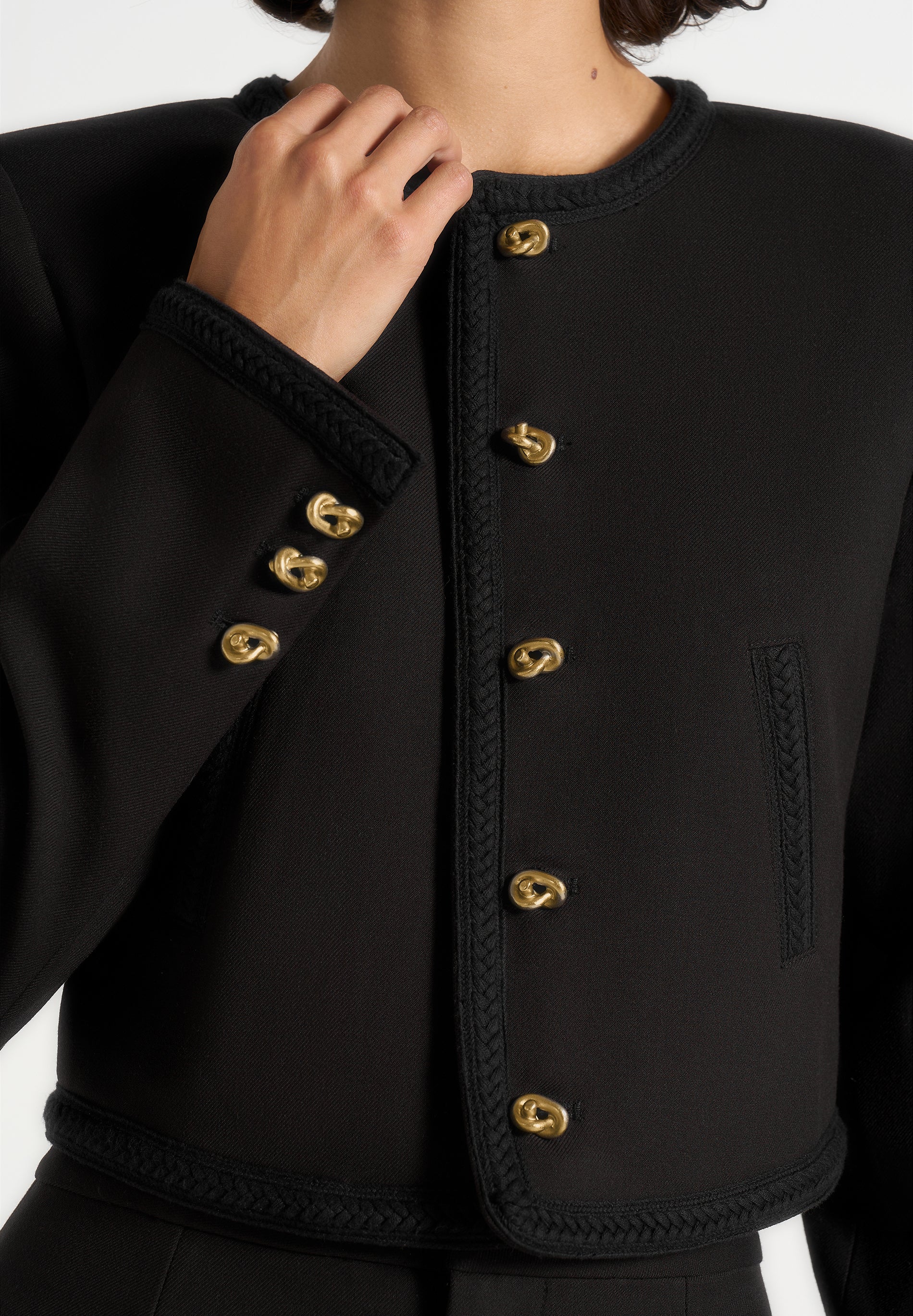 Madeline - Cropped Tailored Jacket With Braided Trim - Black - Image 3