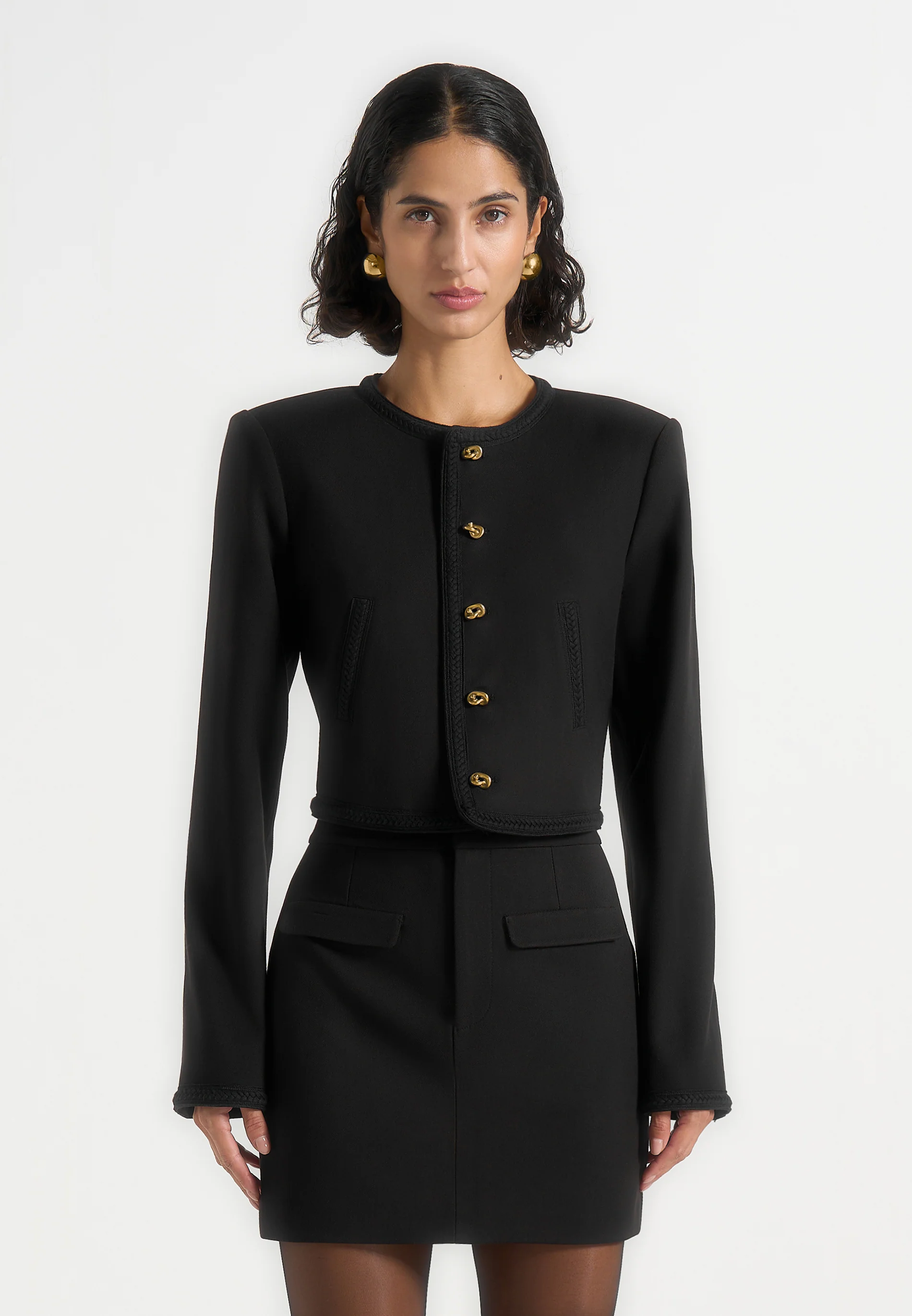 Madeline - Cropped Tailored Jacket With Braided Trim - Black - Image 4