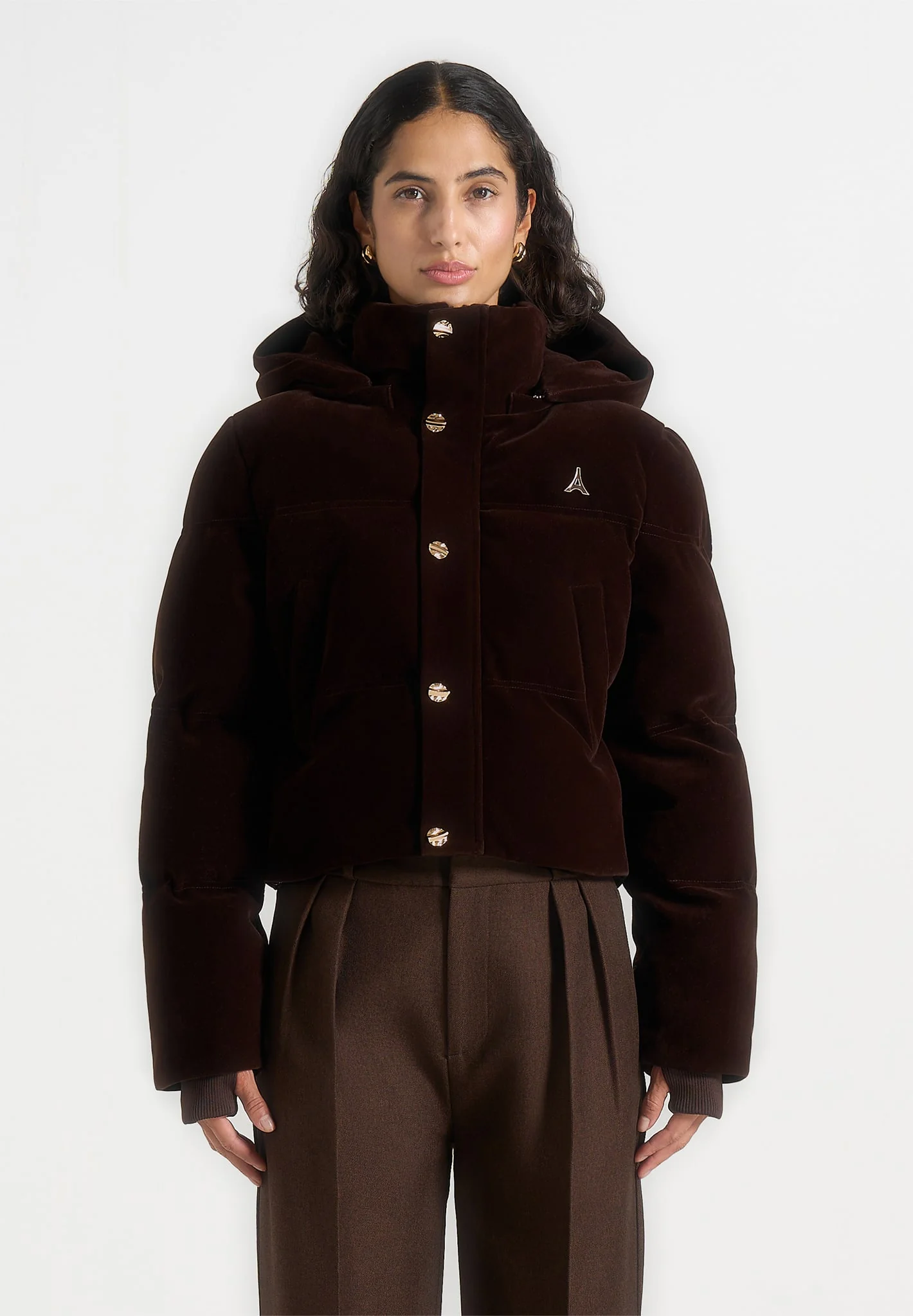 Maeva - Velvet Cropped Puffer Jacket - Brown