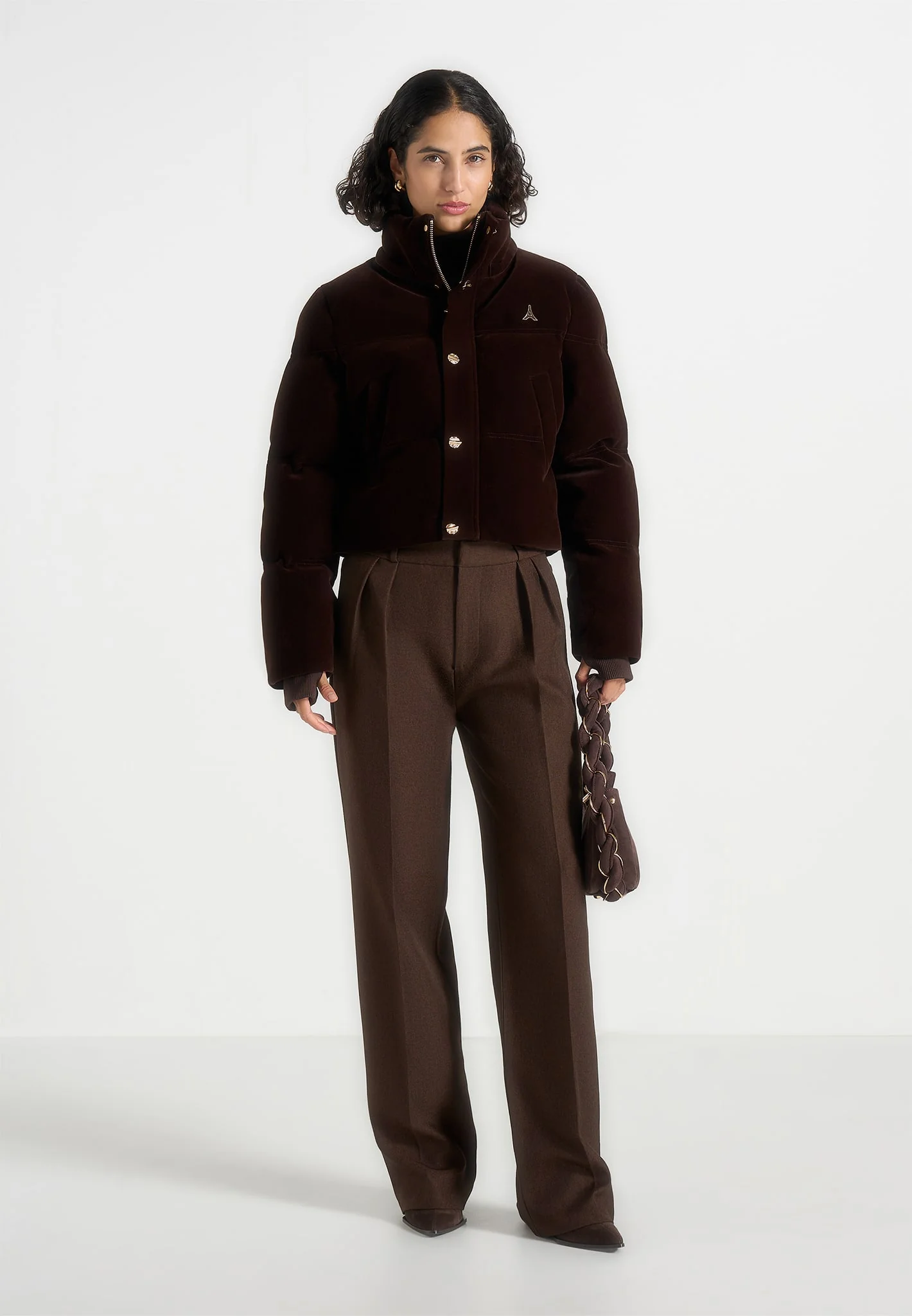Maeva - Velvet Cropped Puffer Jacket - Brown - Image 4