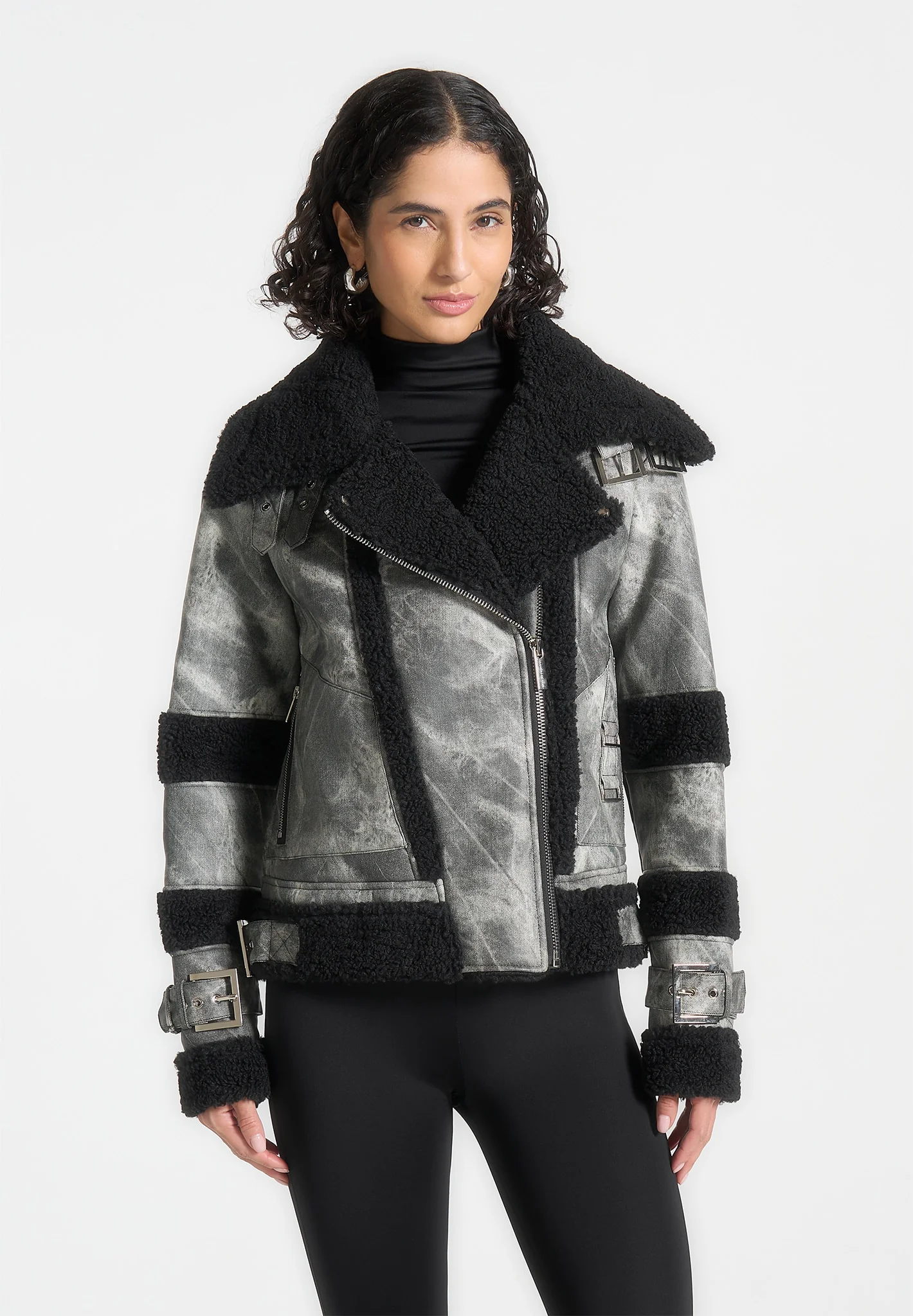 Marbled Leather Borg Biker Jacket - Black