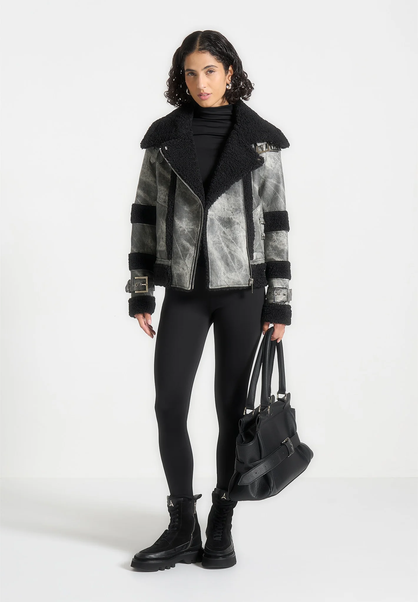 Marbled Leather Borg Biker Jacket - Black - Image 2