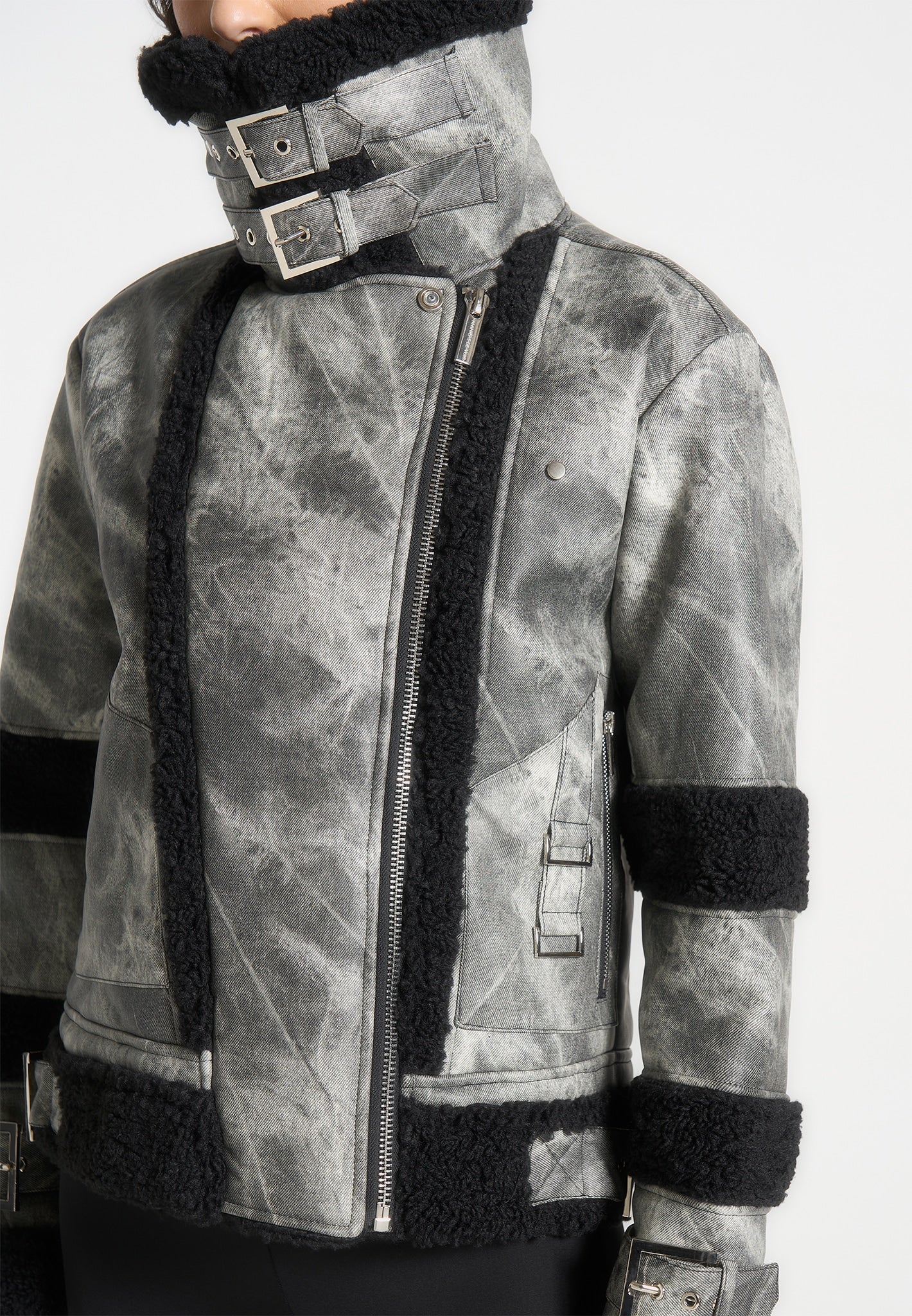 Marbled Leather Borg Biker Jacket - Black - Image 4
