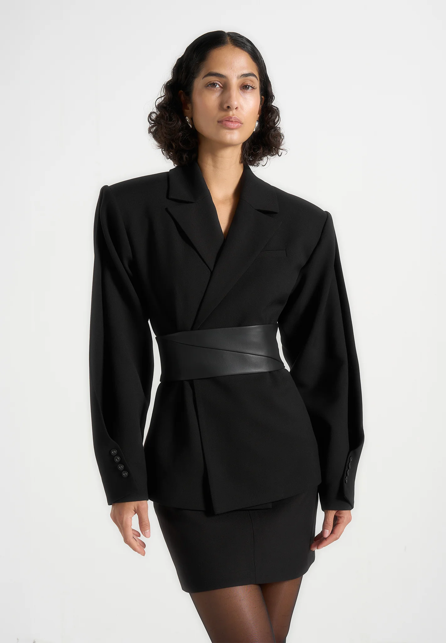 Marie - Wool Twist Sleeve Blazer with Belt - Black - Image 2