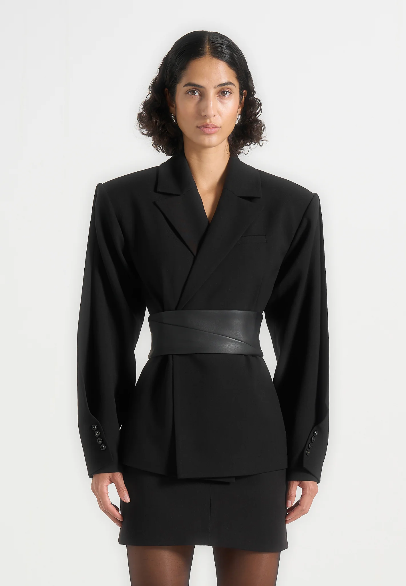 Marie - Wool Twist Sleeve Blazer with Belt - Black - Image 5