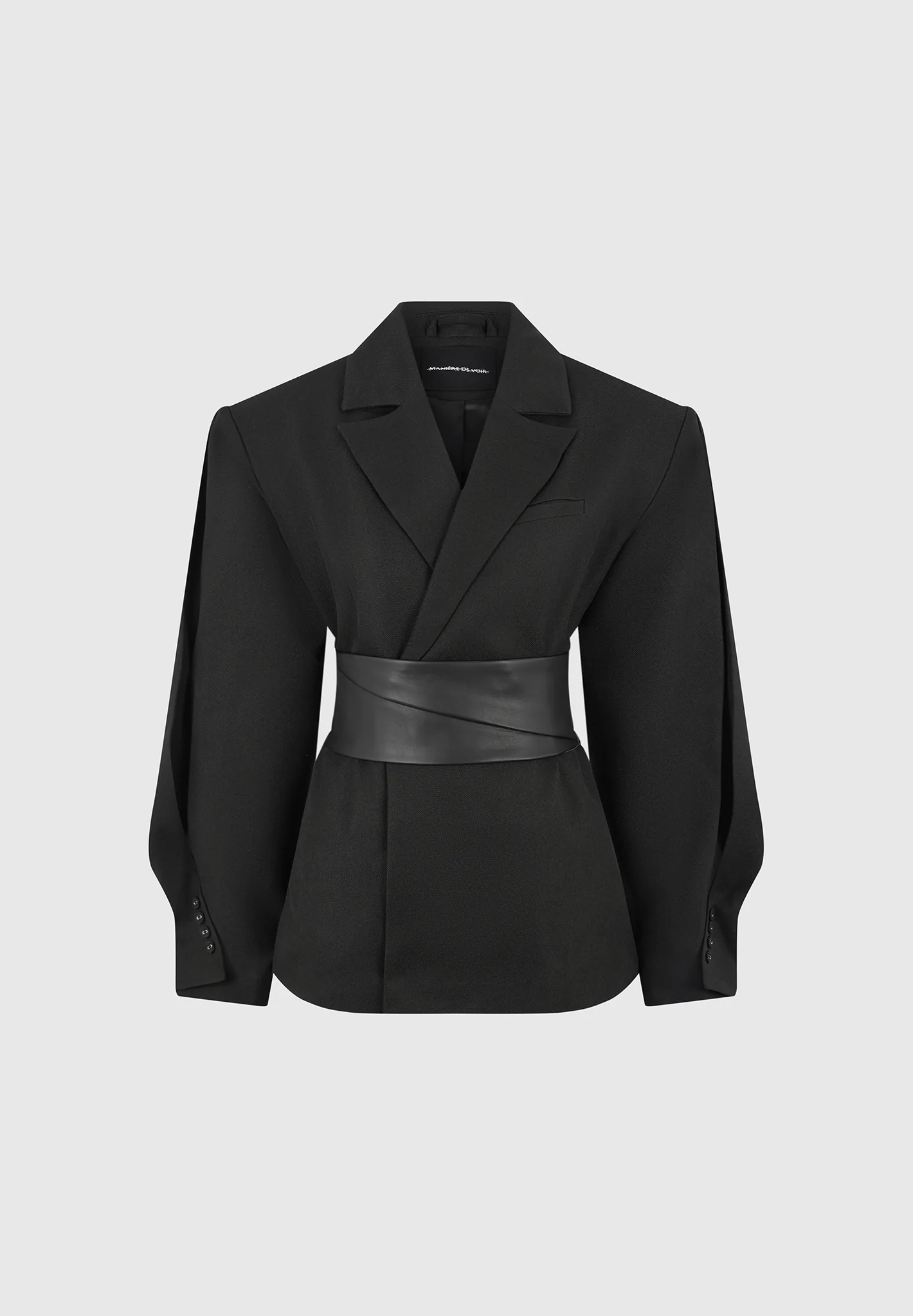 Marie - Wool Twist Sleeve Blazer with Belt - Black - Image 7