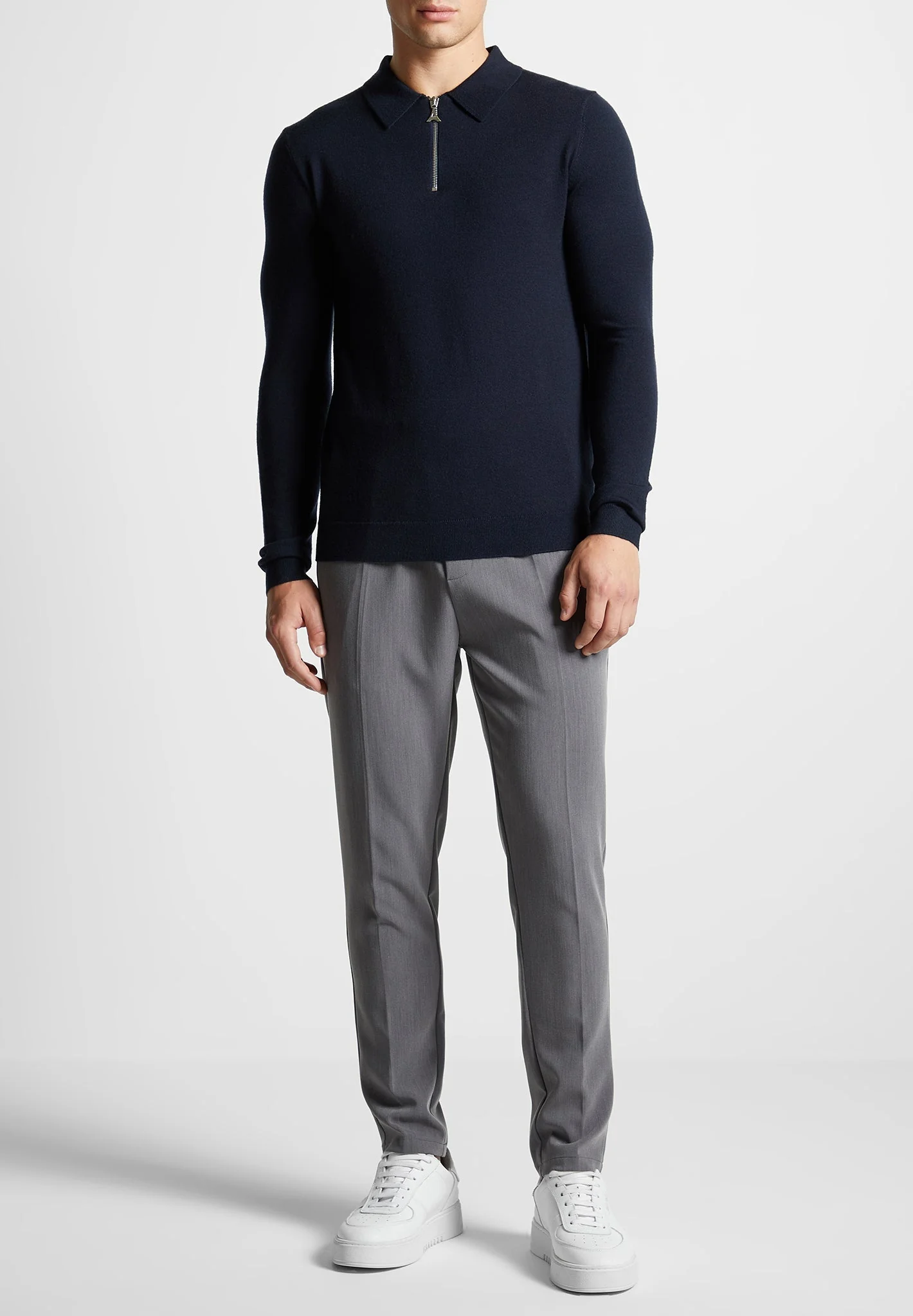 Merino Wool Long Sleeve Polo Top With Zip - Navy - Image 2