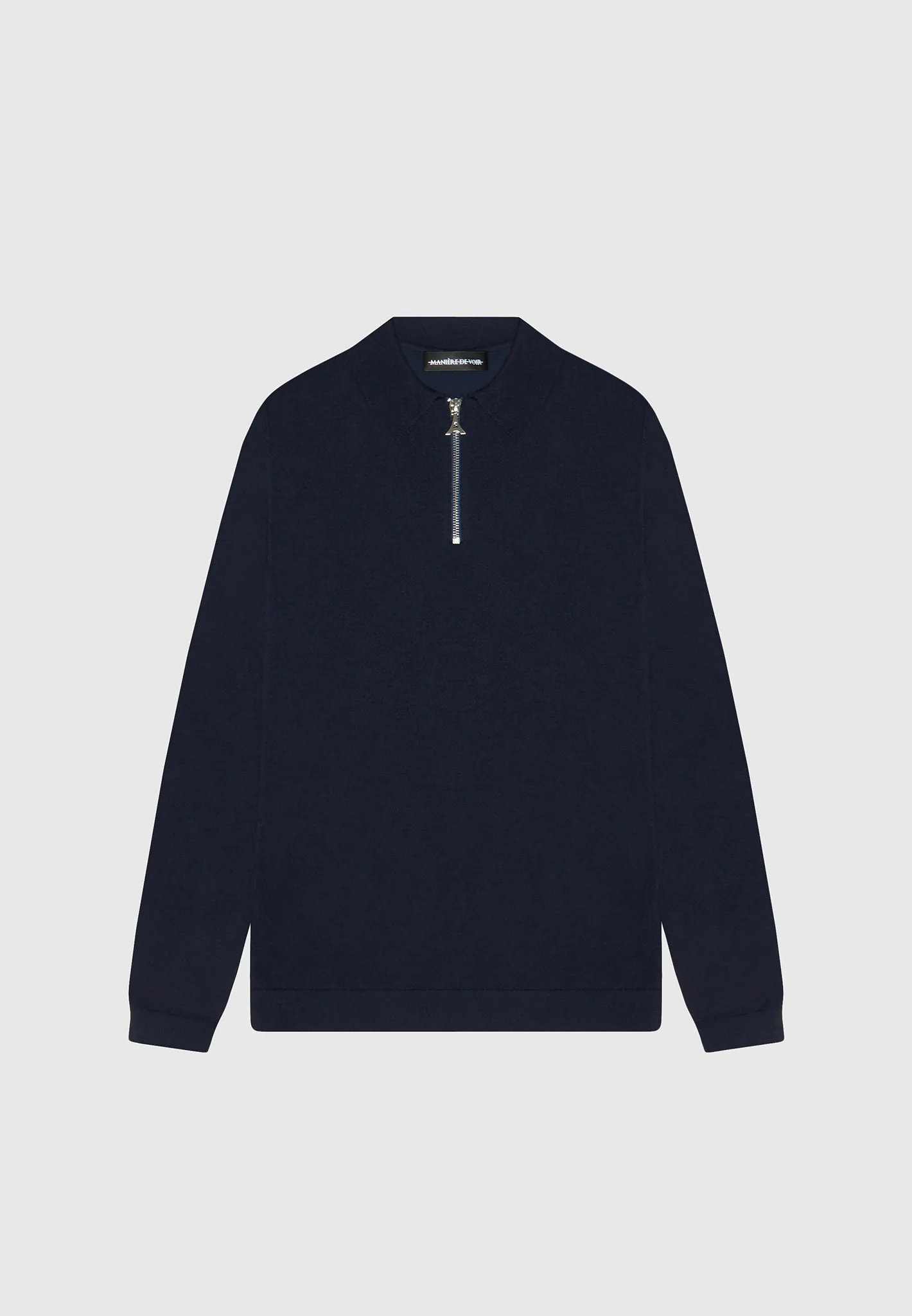 Merino Wool Long Sleeve Polo Top With Zip - Navy - Image 3