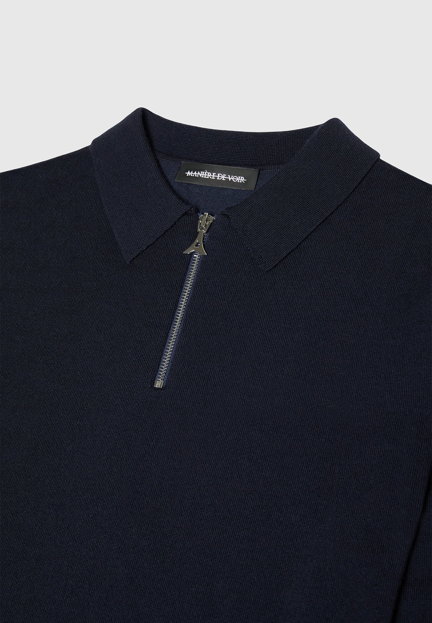 Merino Wool Long Sleeve Polo Top With Zip - Navy - Image 6