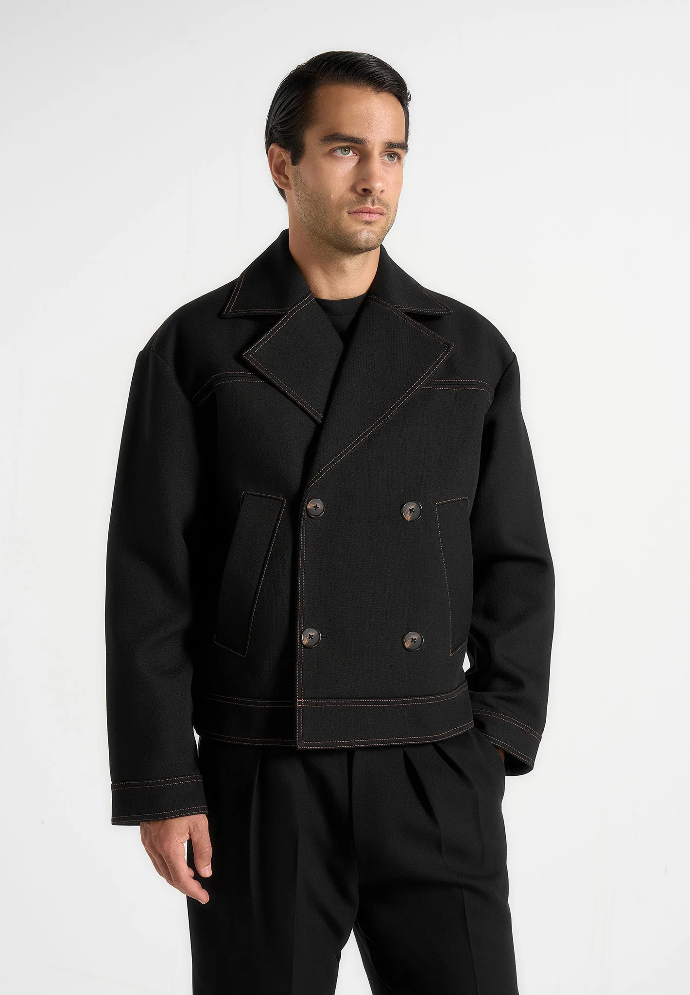 Mika - Unisex Tailored Double Breasted Jacket With Contrast Stitch - Black - Image 2