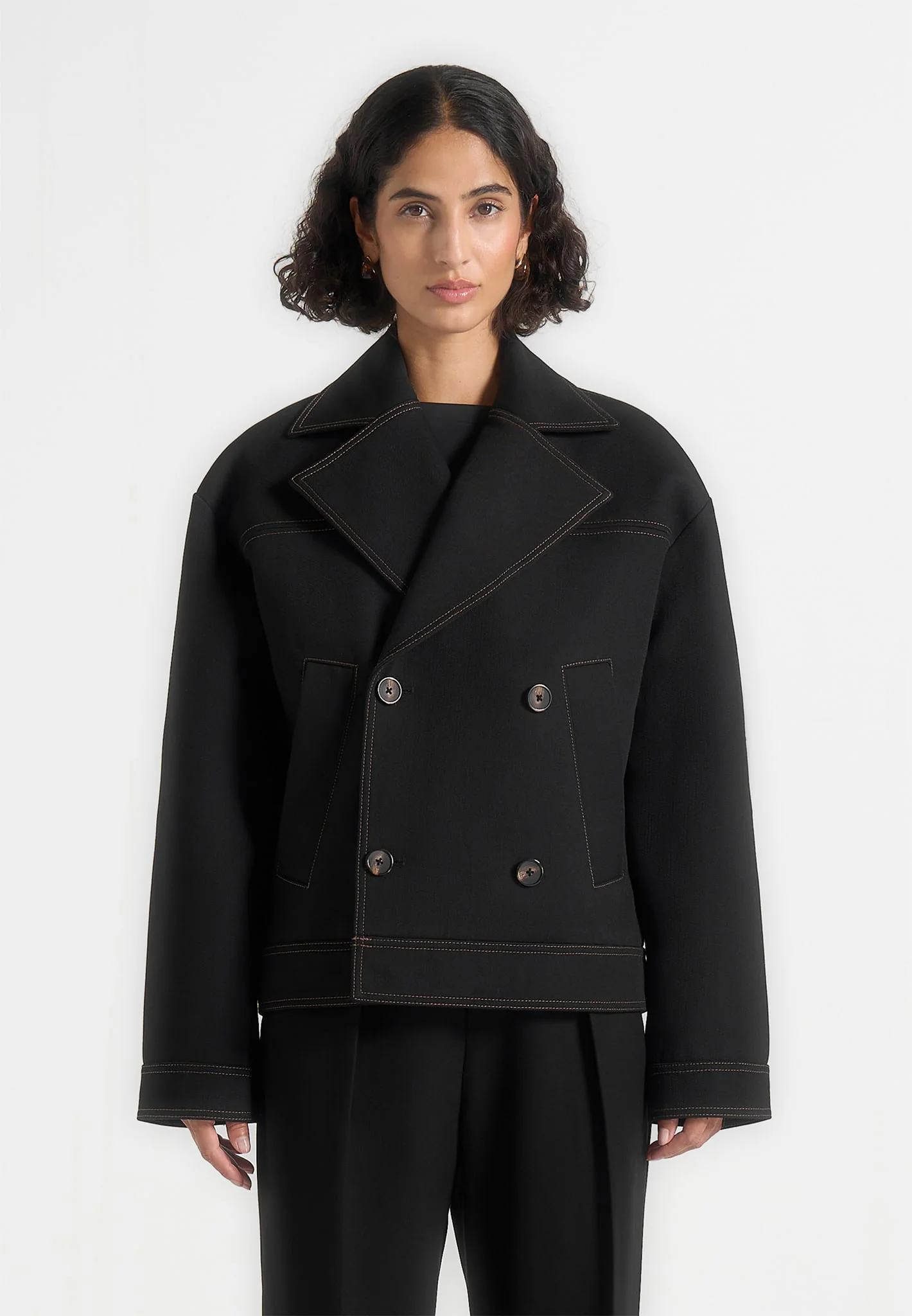 Mika - Unisex Tailored Double Breasted Jacket With Contrast Stitch - Black - Image 4