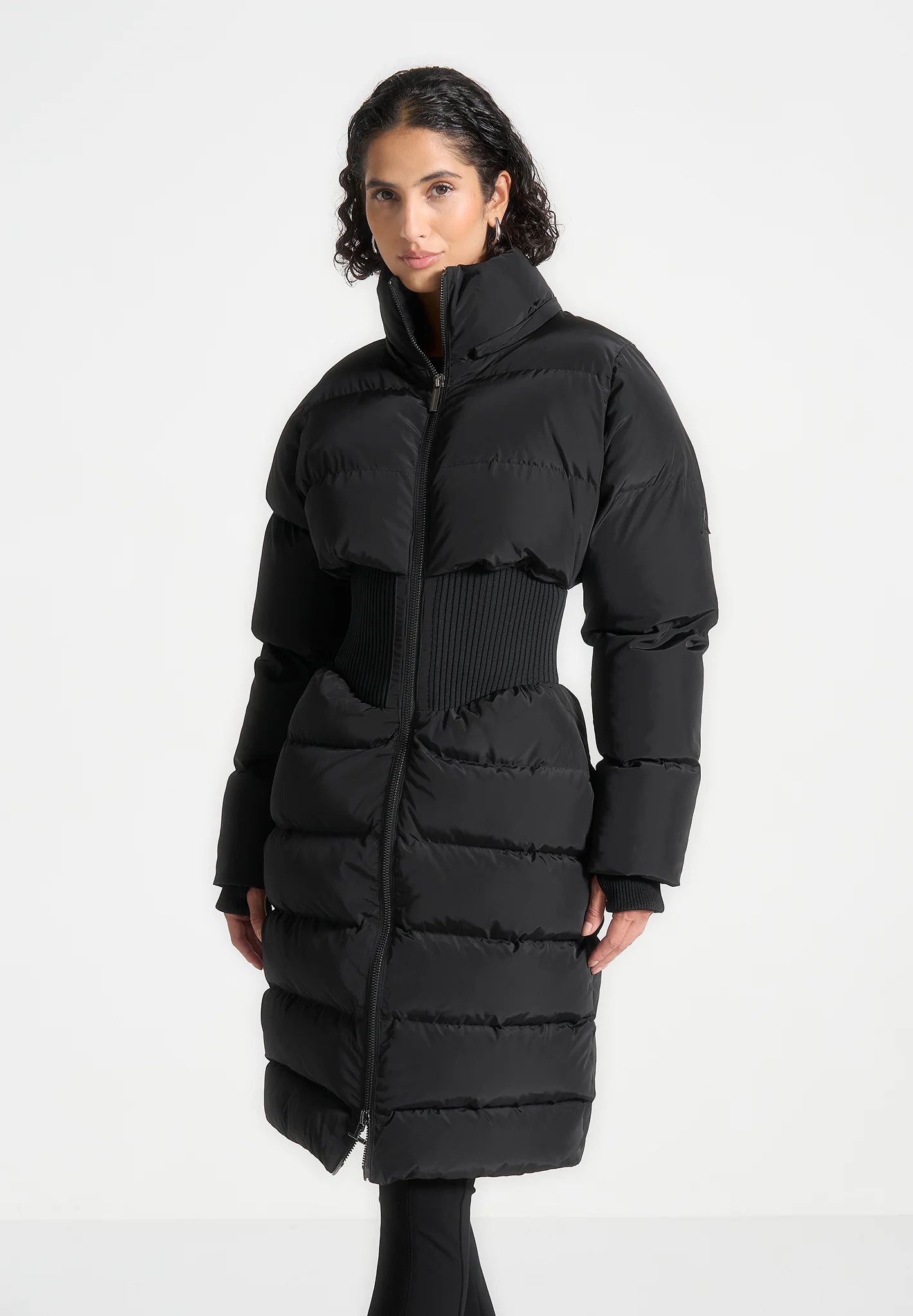 Mira - Corset Detail Longline Puffer Coat - Black - Image 4