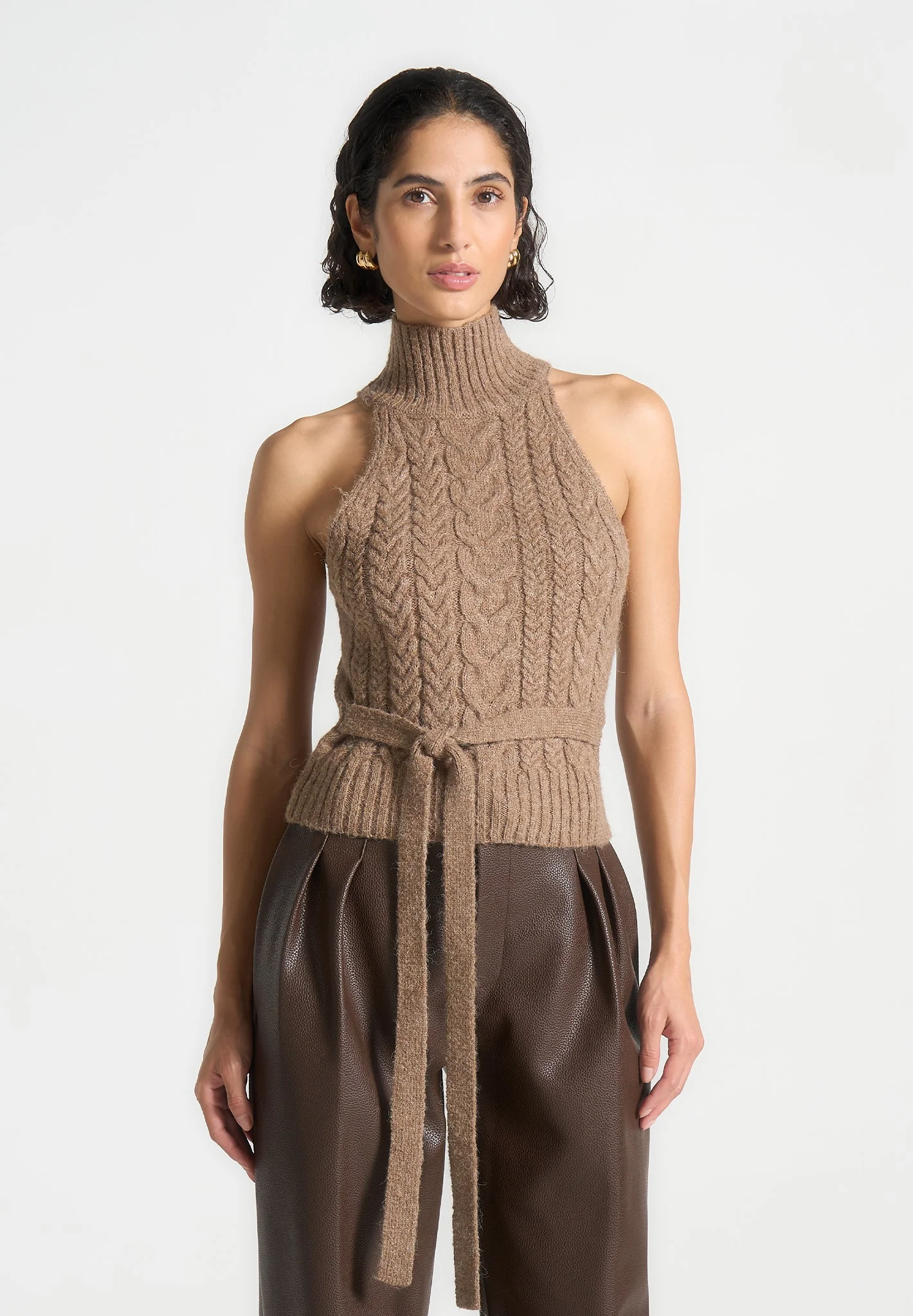 Mirim - Halter Cable Knit Wool Top with Tie - Taupe