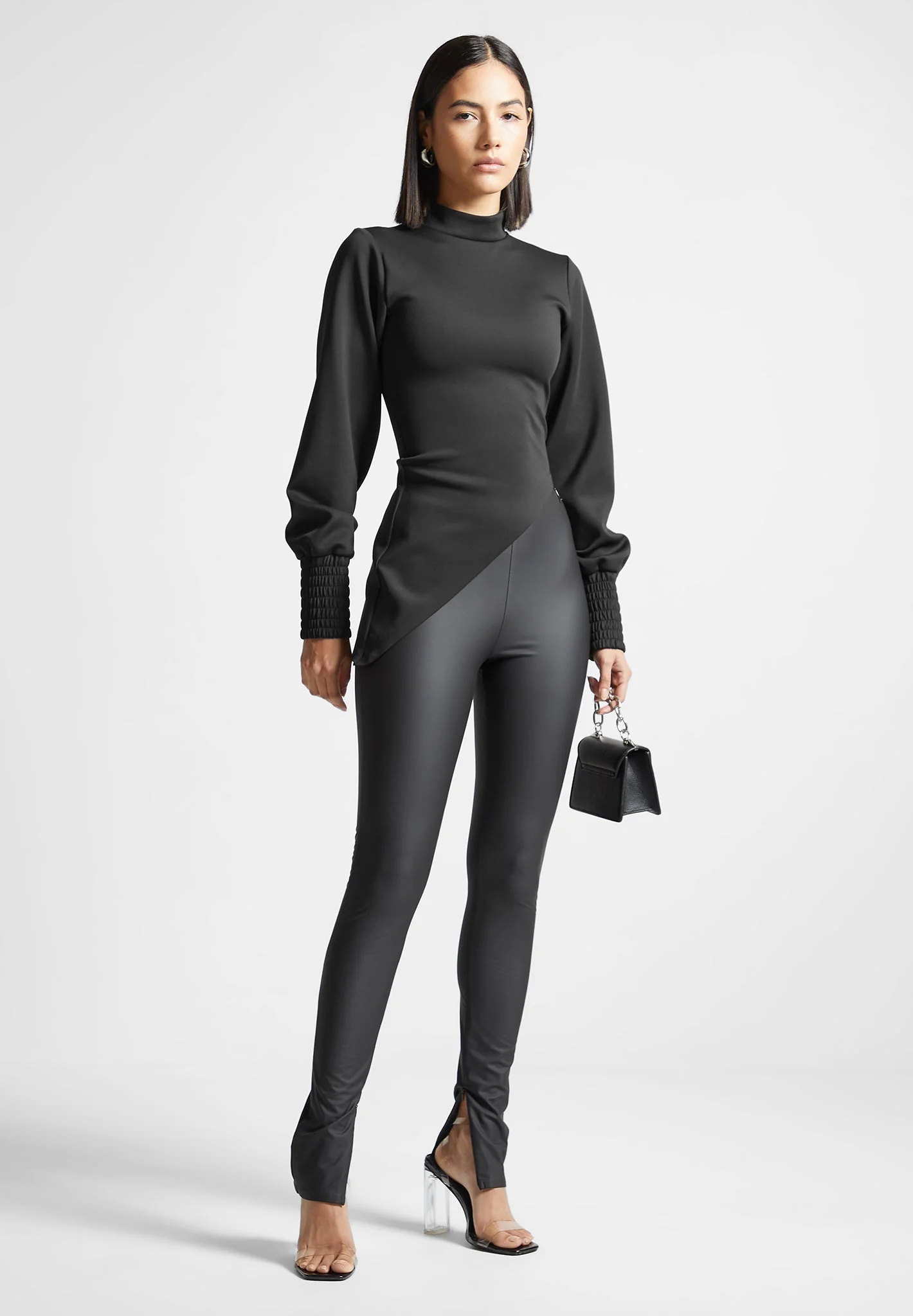 Mock Neck Asymmetric Top - Black - Image 2