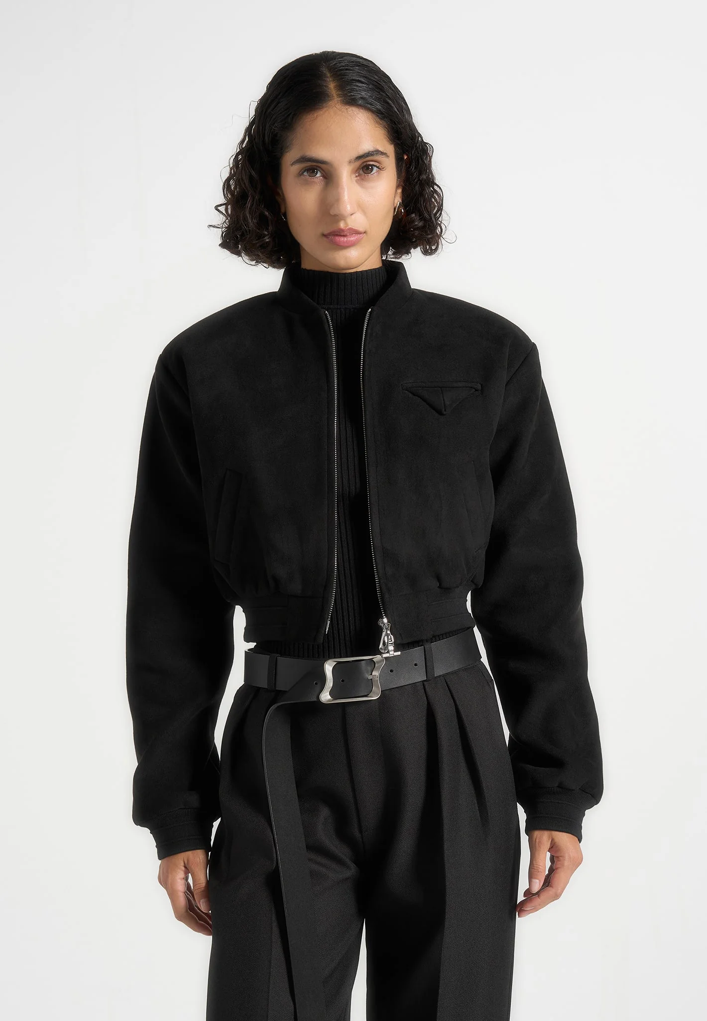 Monique - Suede Wide Shoulder Bomber Jacket - Black - Image 3