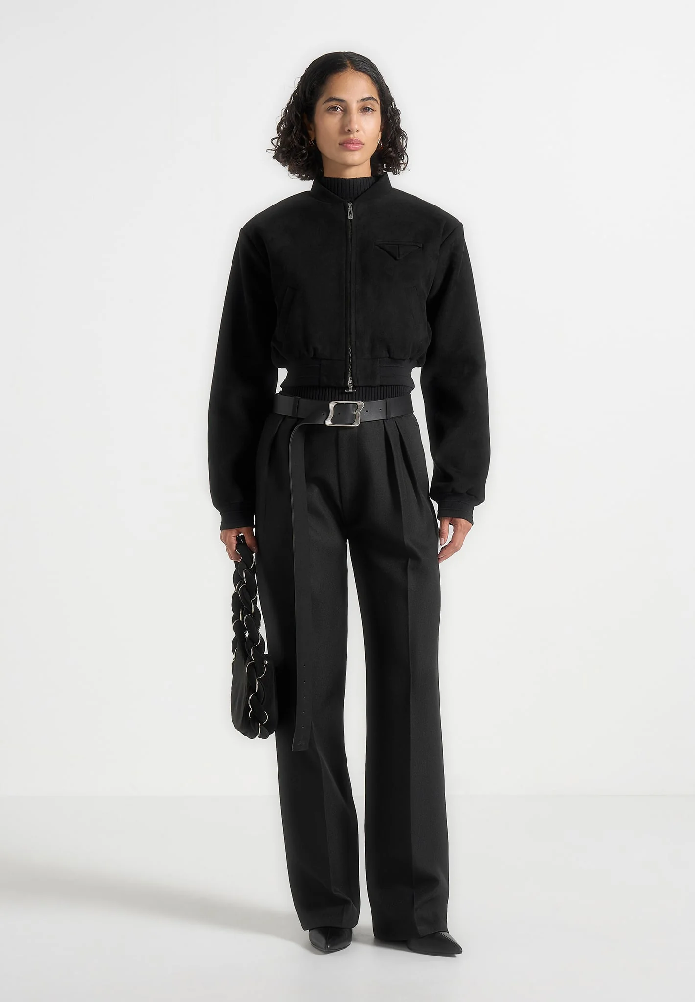 Monique - Suede Wide Shoulder Bomber Jacket - Black - Image 4