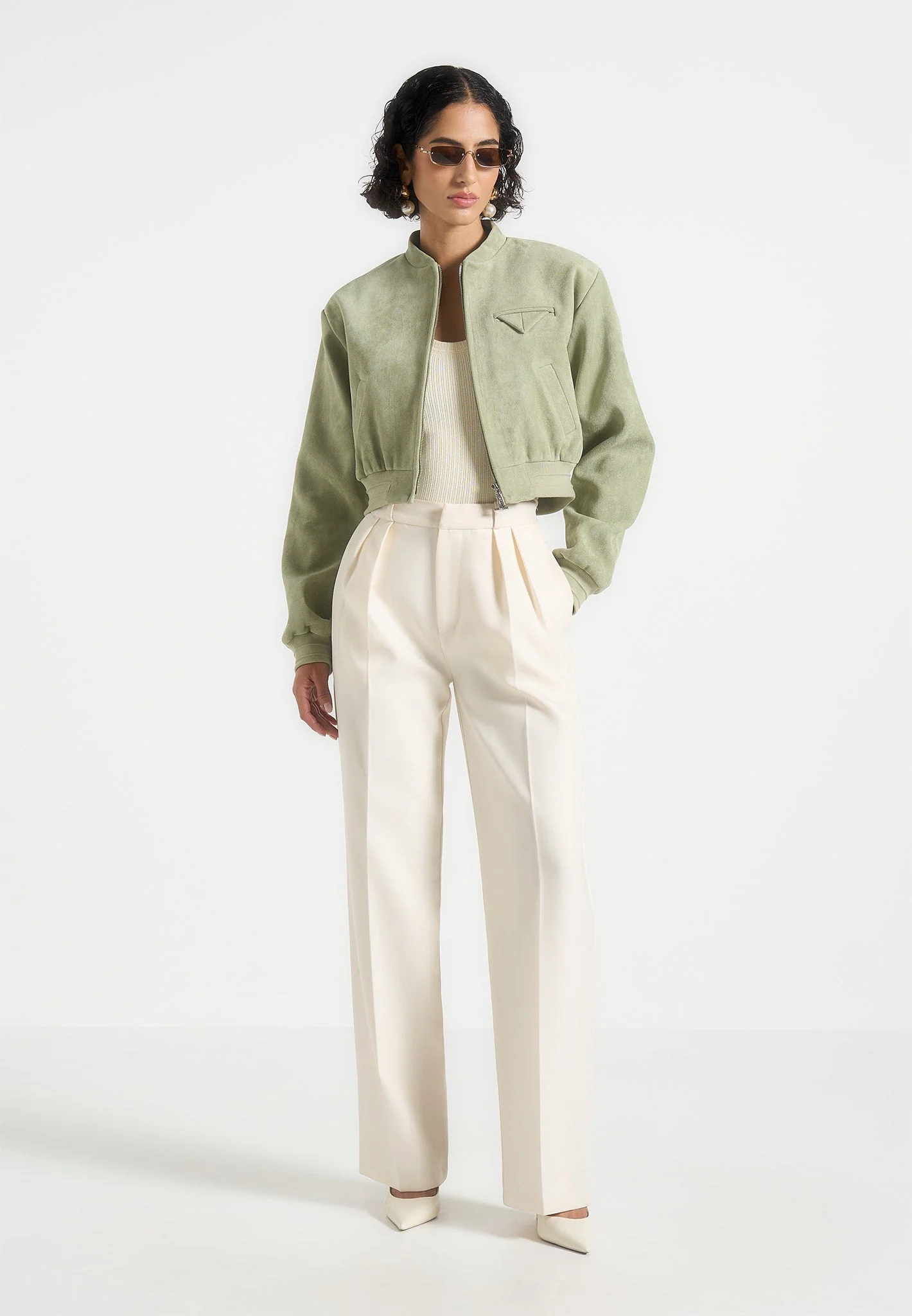 Monique - Suede Wide Shoulder Bomber Jacket - Sage