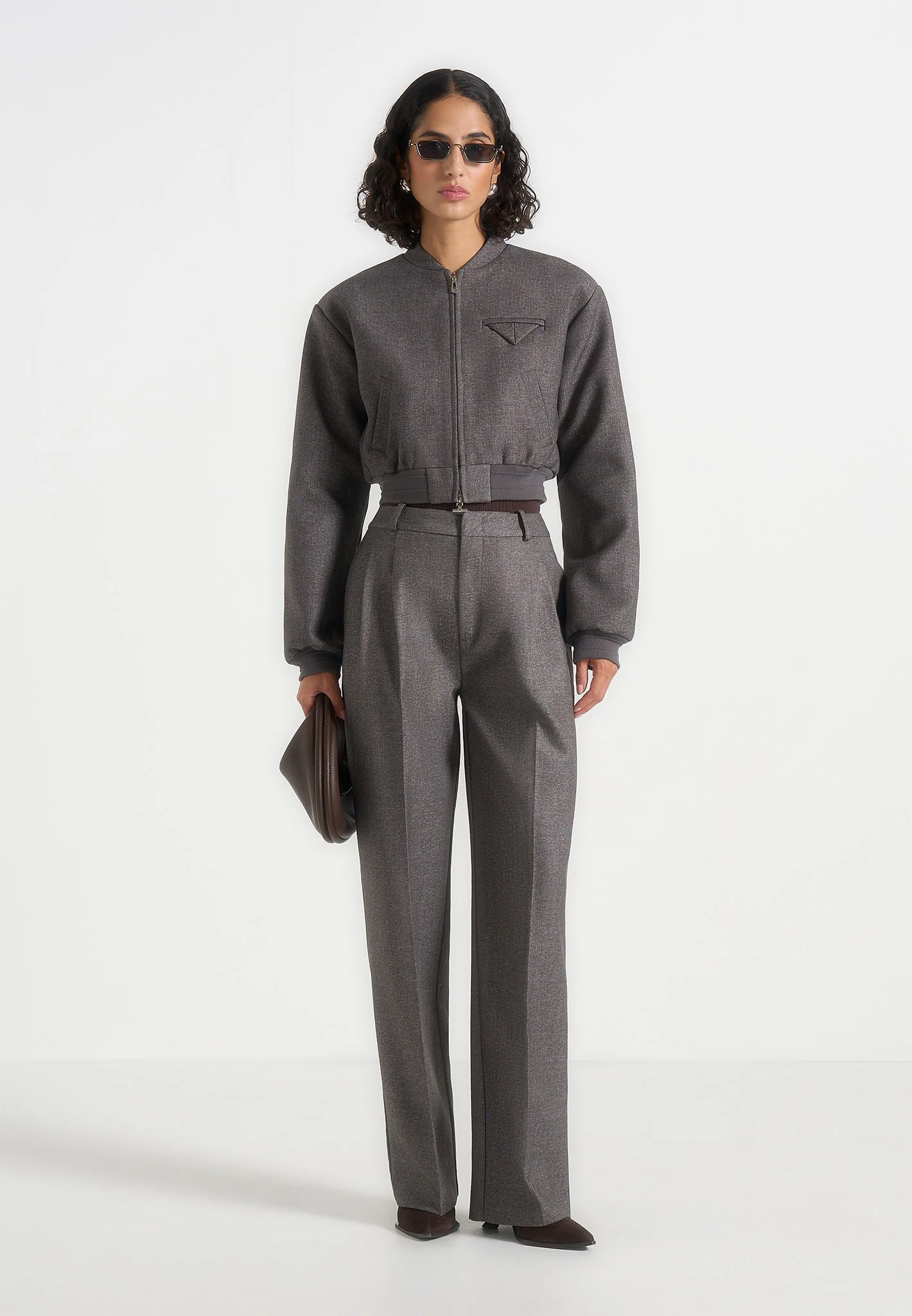 Monique - Tailored Wide Shoulder Bomber Jacket - Grey Speckle - Image 2