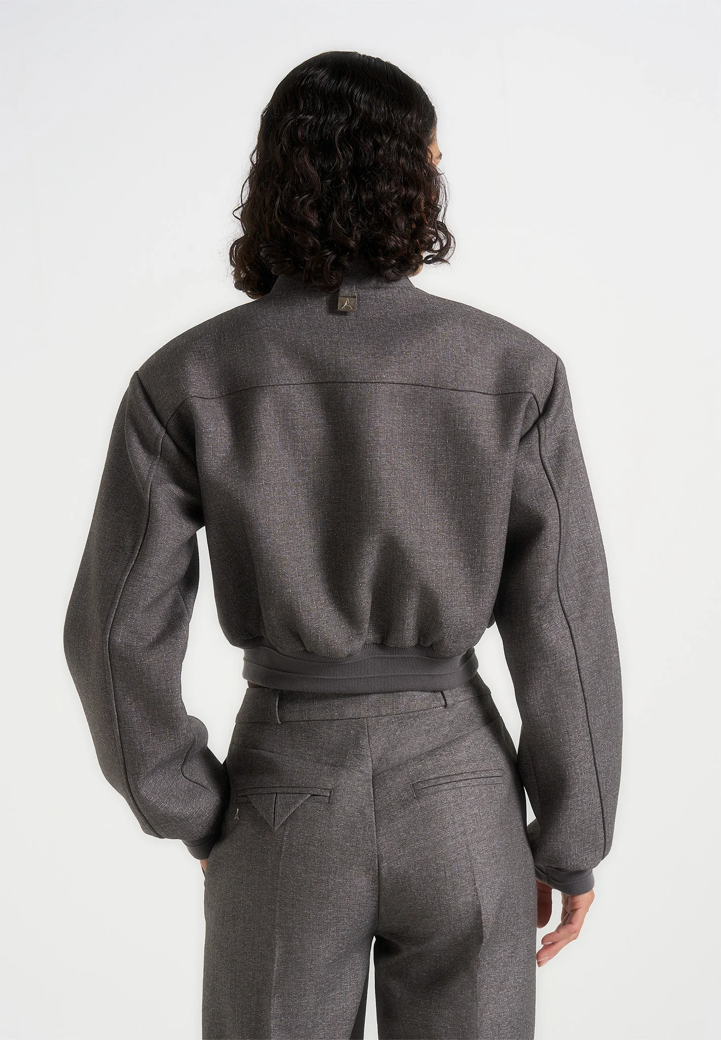 Monique - Tailored Wide Shoulder Bomber Jacket - Grey Speckle - Image 5