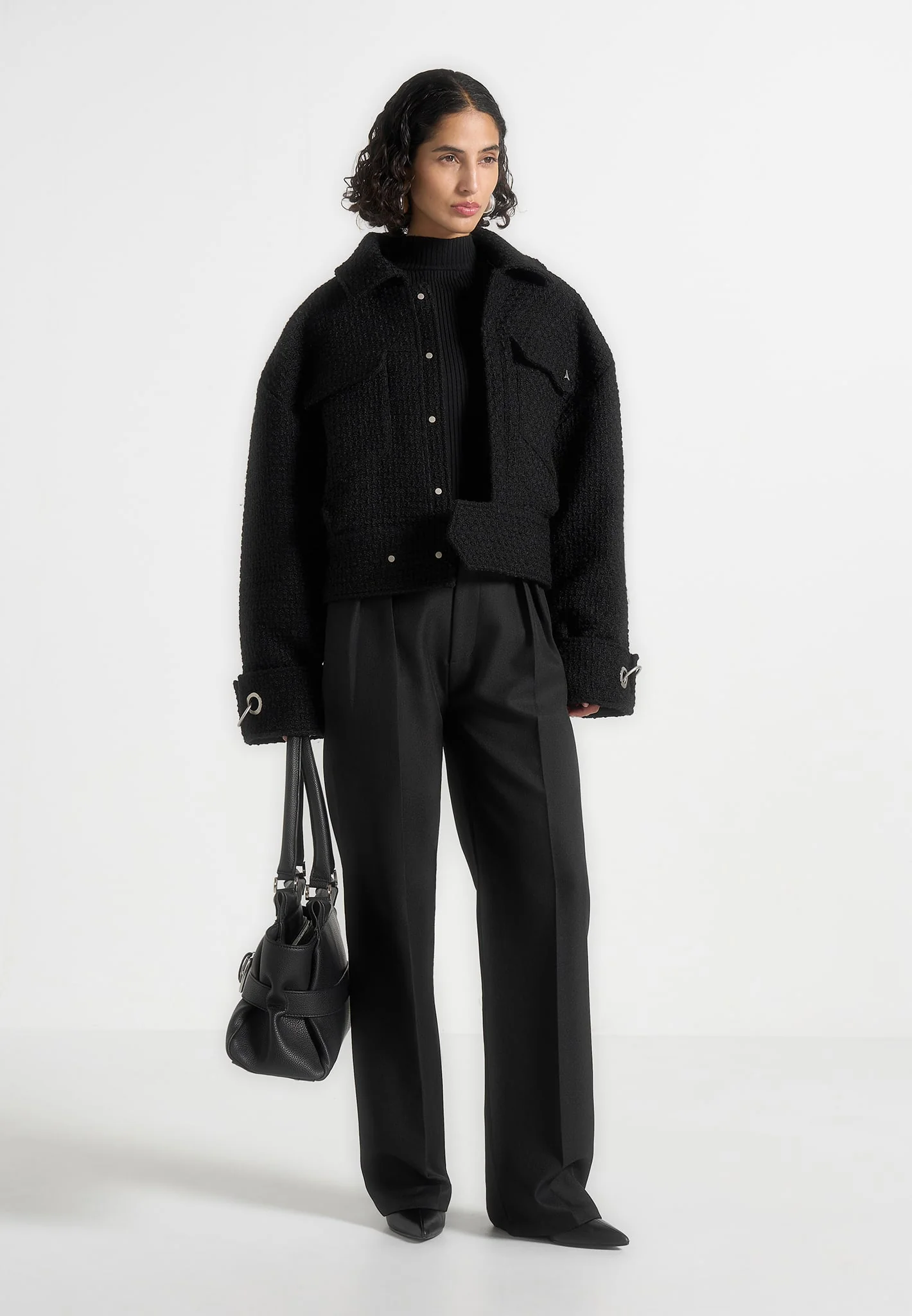 Naela - Boxy Tweed Jacket With Cuff Detail - Black - Image 2