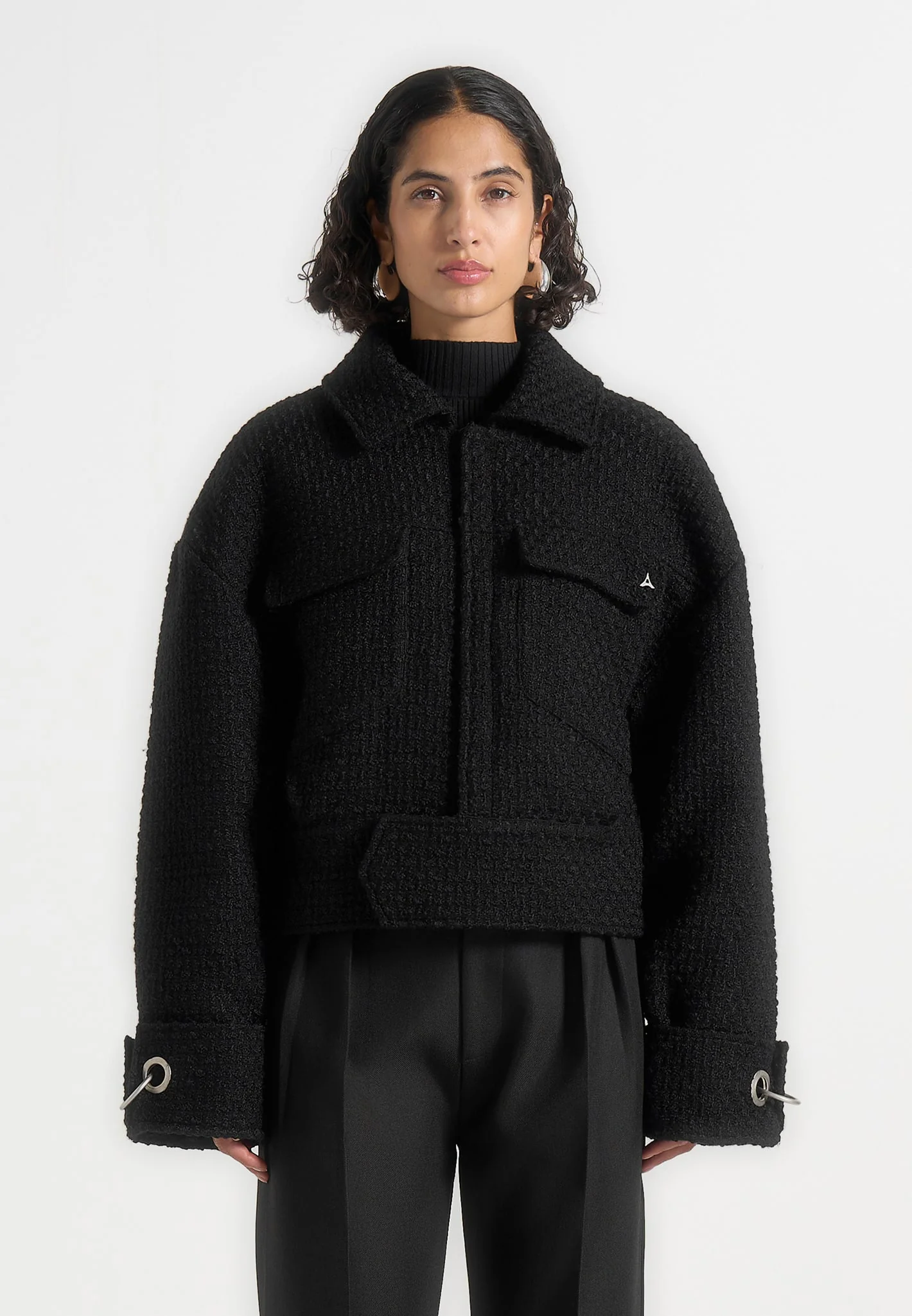 Naela - Boxy Tweed Jacket With Cuff Detail - Black - Image 4