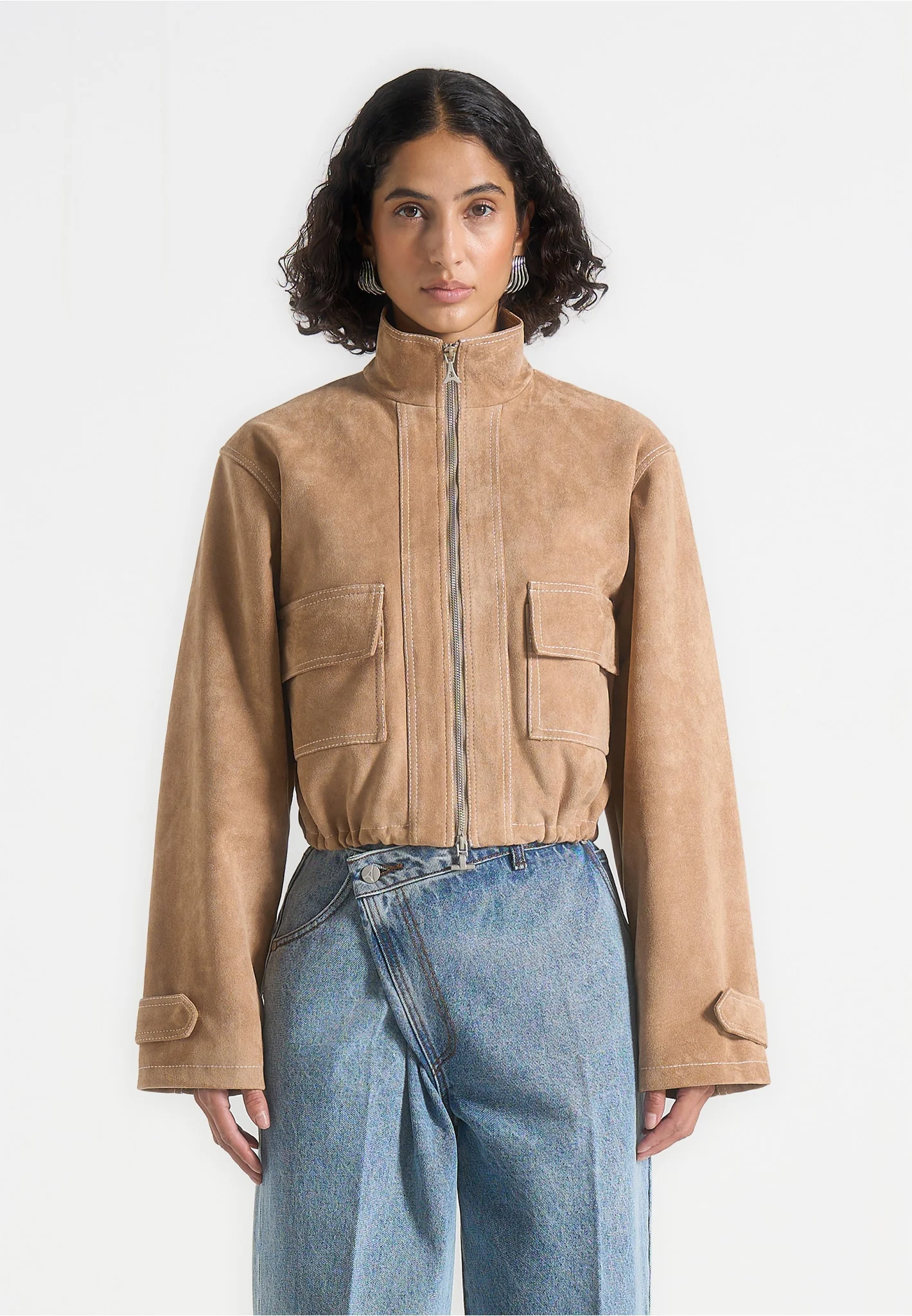 Nawel - Suede Contrast Stitch Jacket With Cinched Hem - Beige - Image 4