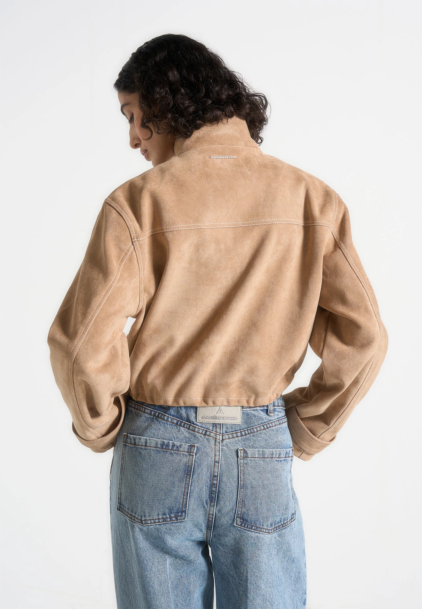 Nawel - Suede Contrast Stitch Jacket With Cinched Hem - Beige - Image 5