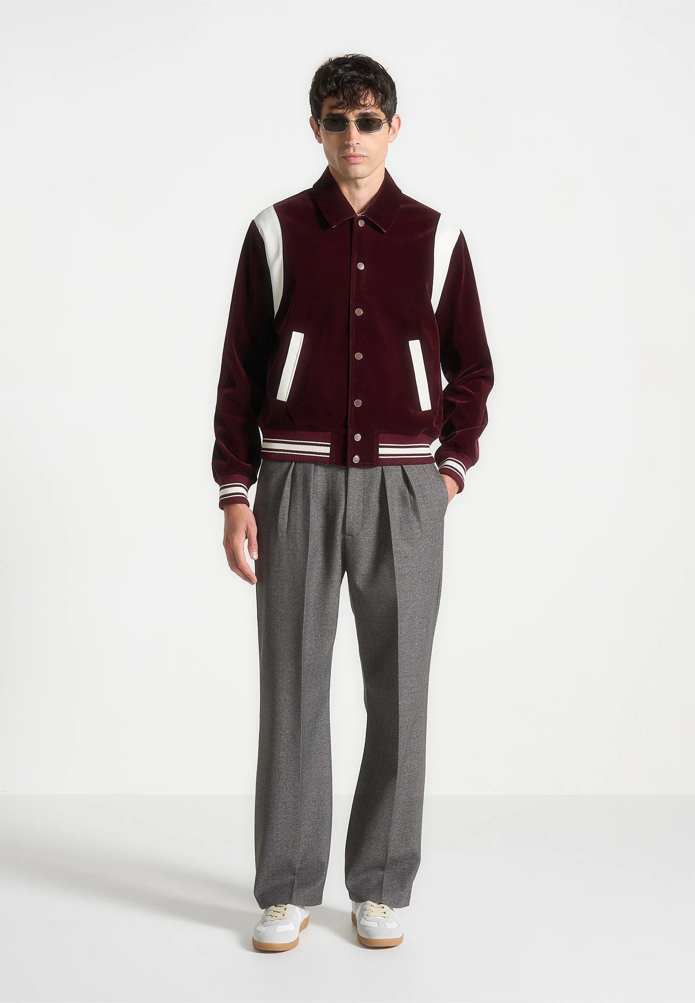 Nico - Velvet & Satin Varsity Jacket - Wine Red - Image 2