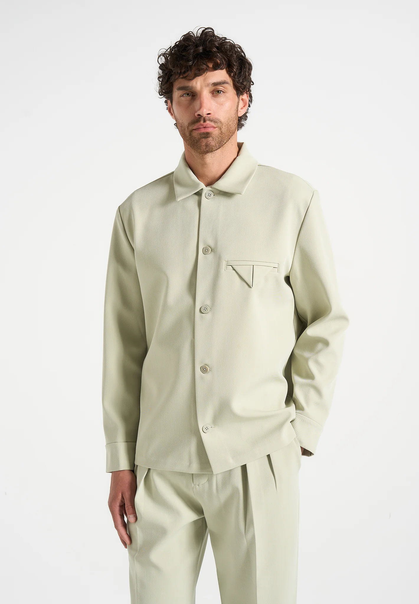 Leo - Hatched Tailored Overshirt - Sage - Image 2