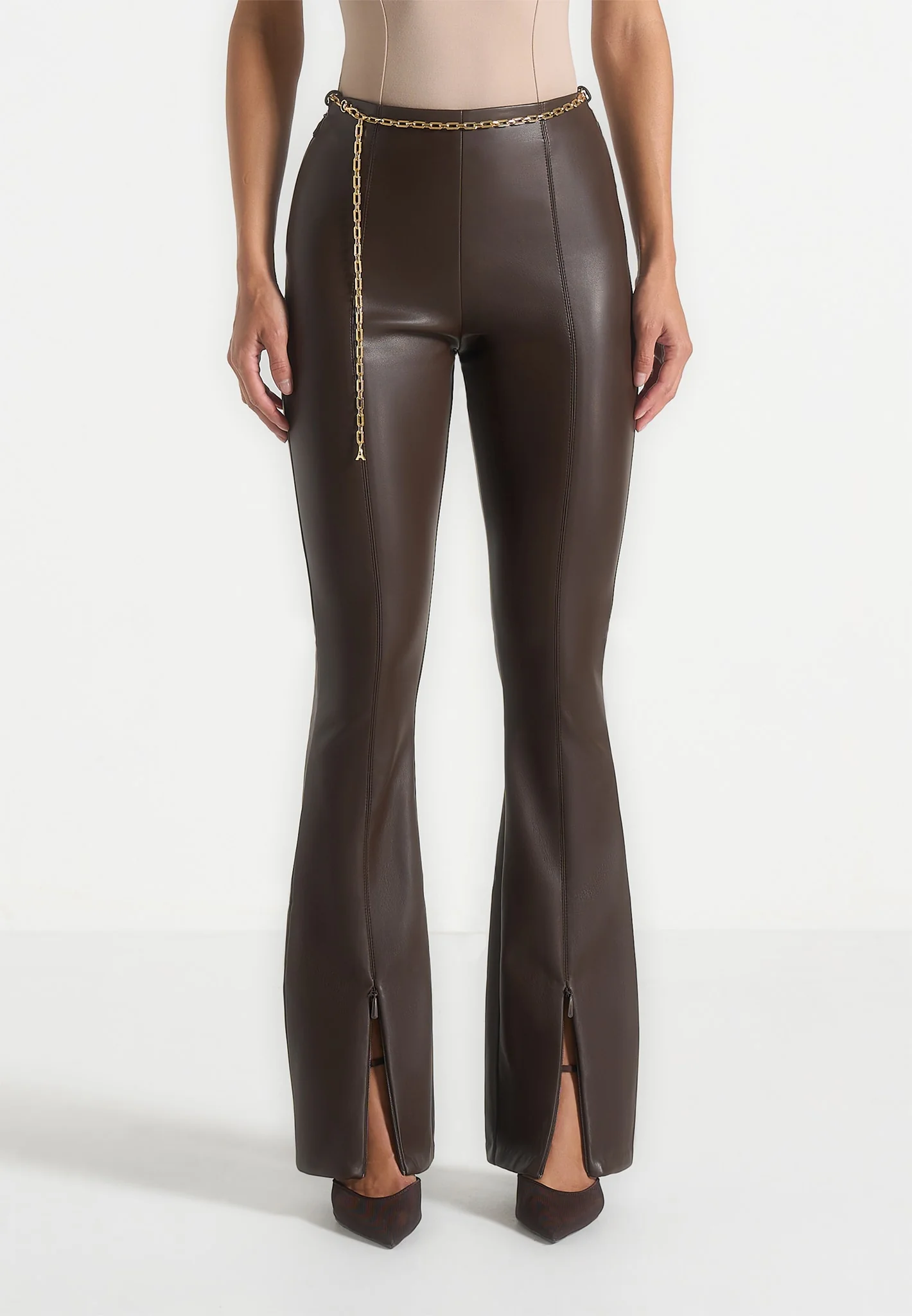 Ninon - Leather Fit And Flare Leggings With Chain - Brown - Image 4