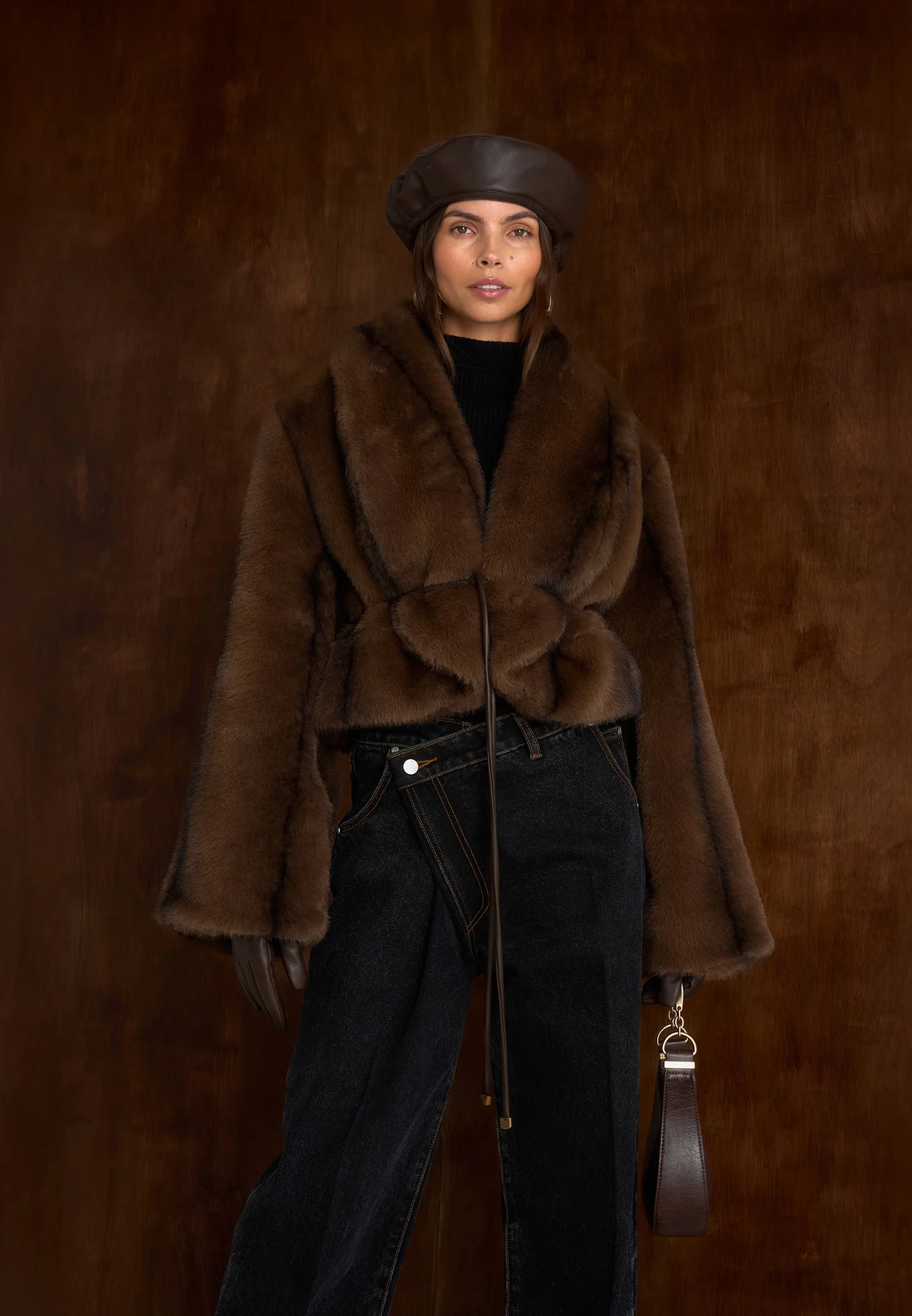 Nola - Fur Shawl Jacket with Leather Belt - Brown - Image 2