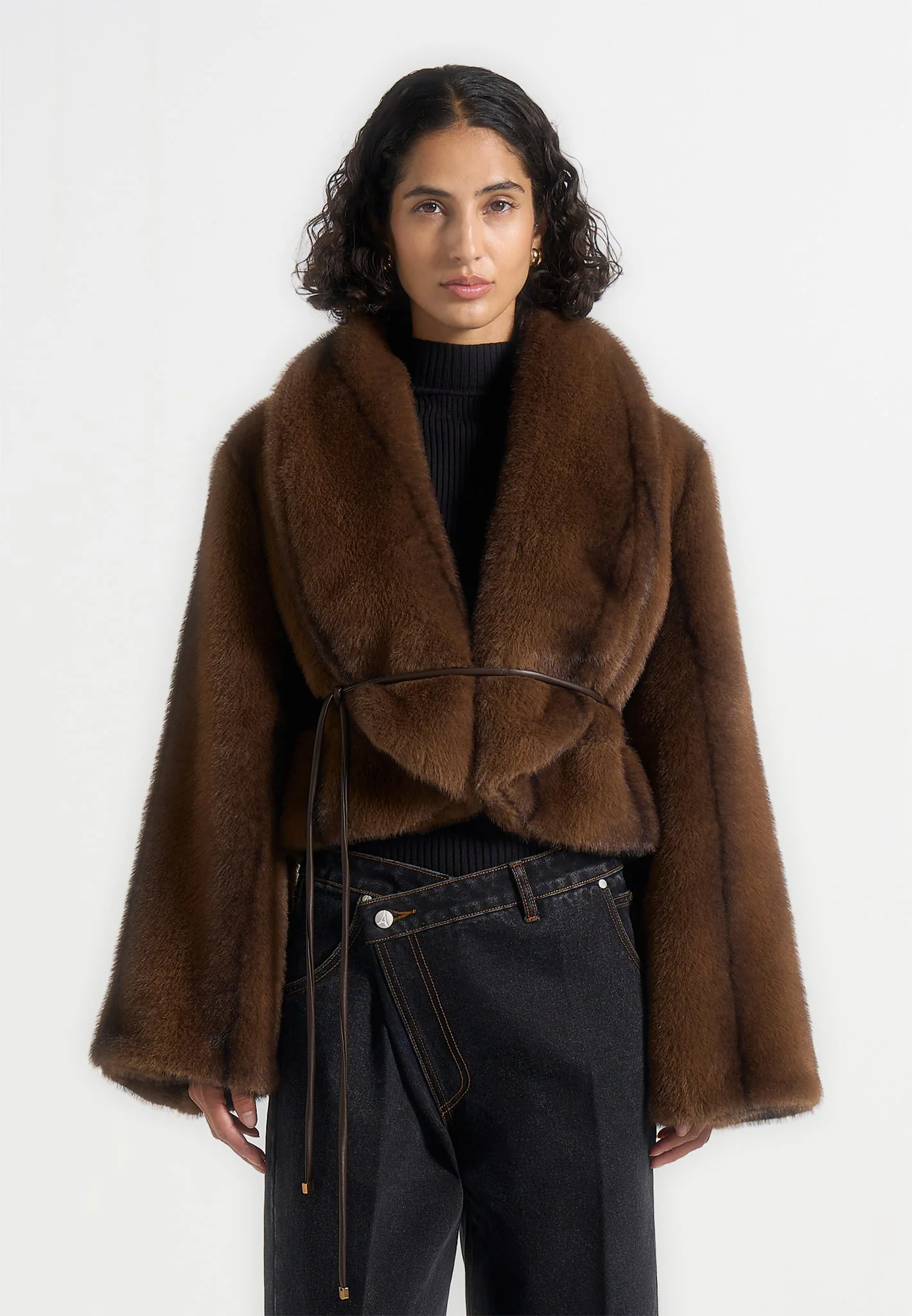 Nola - Fur Shawl Jacket with Leather Belt - Brown - Image 3