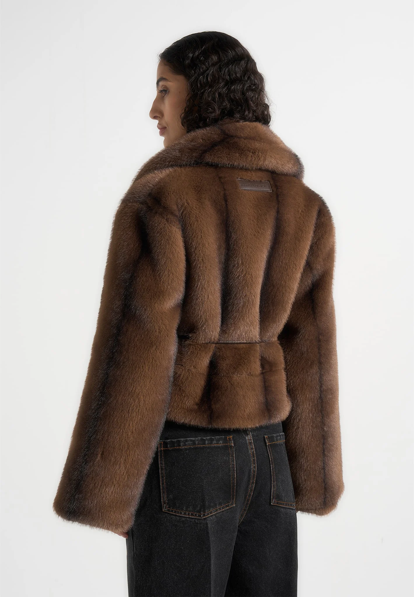 Nola - Fur Shawl Jacket with Leather Belt - Brown - Image 6