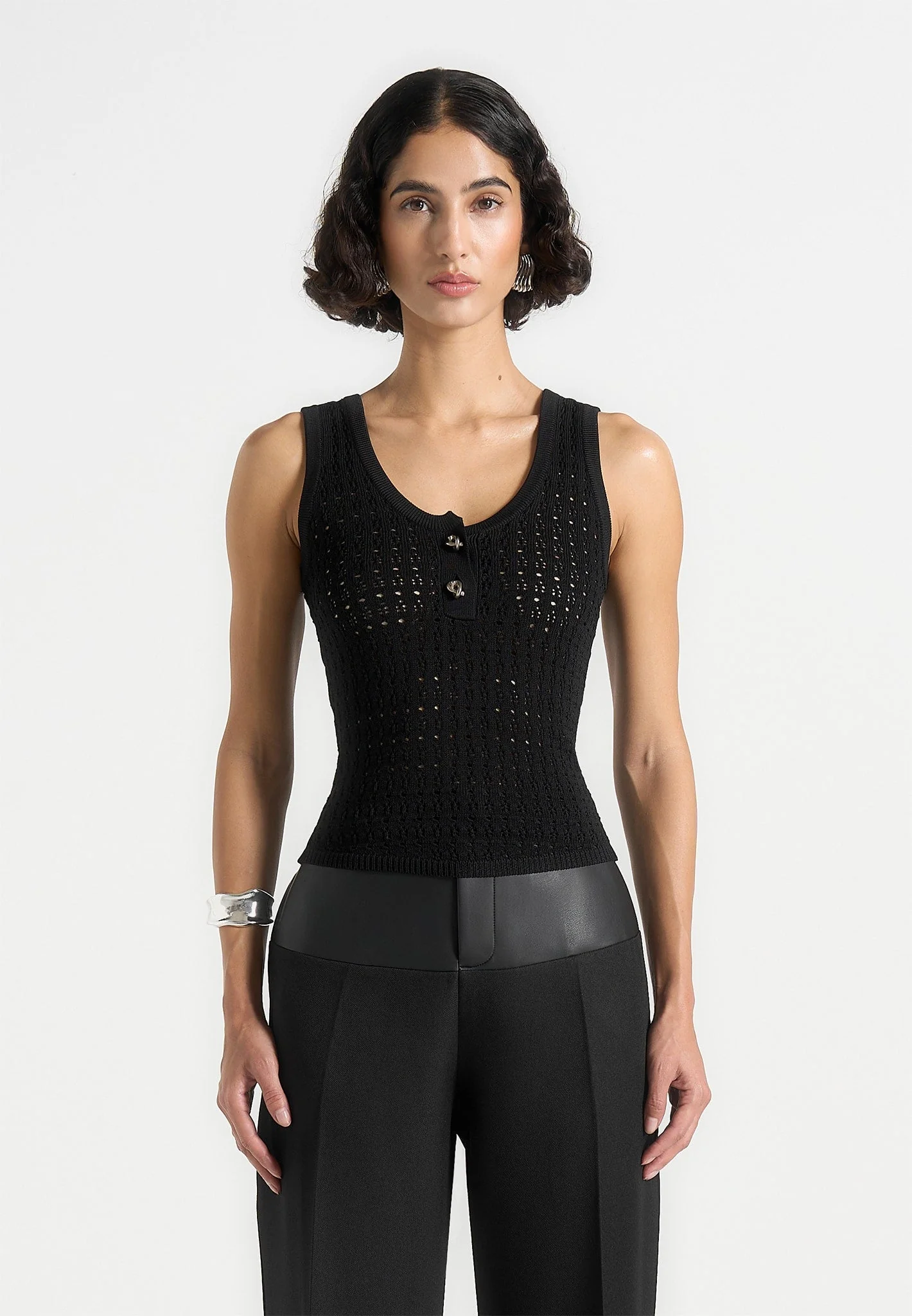 Nora - Pointelle Knitted Vest with Knot Button - Black - Image 4