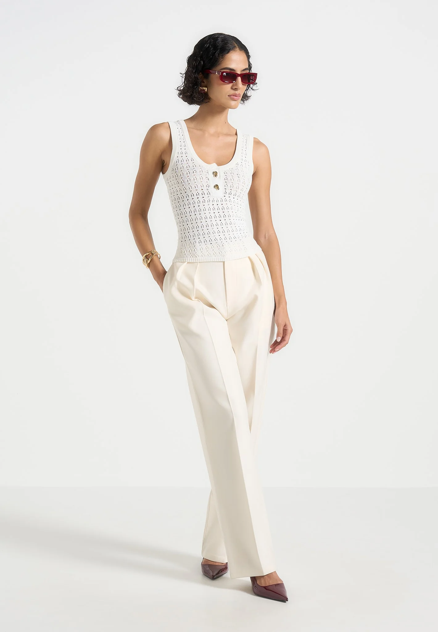 Nora - Pointelle Knitted Vest with Knot Button - Cream - Image 3