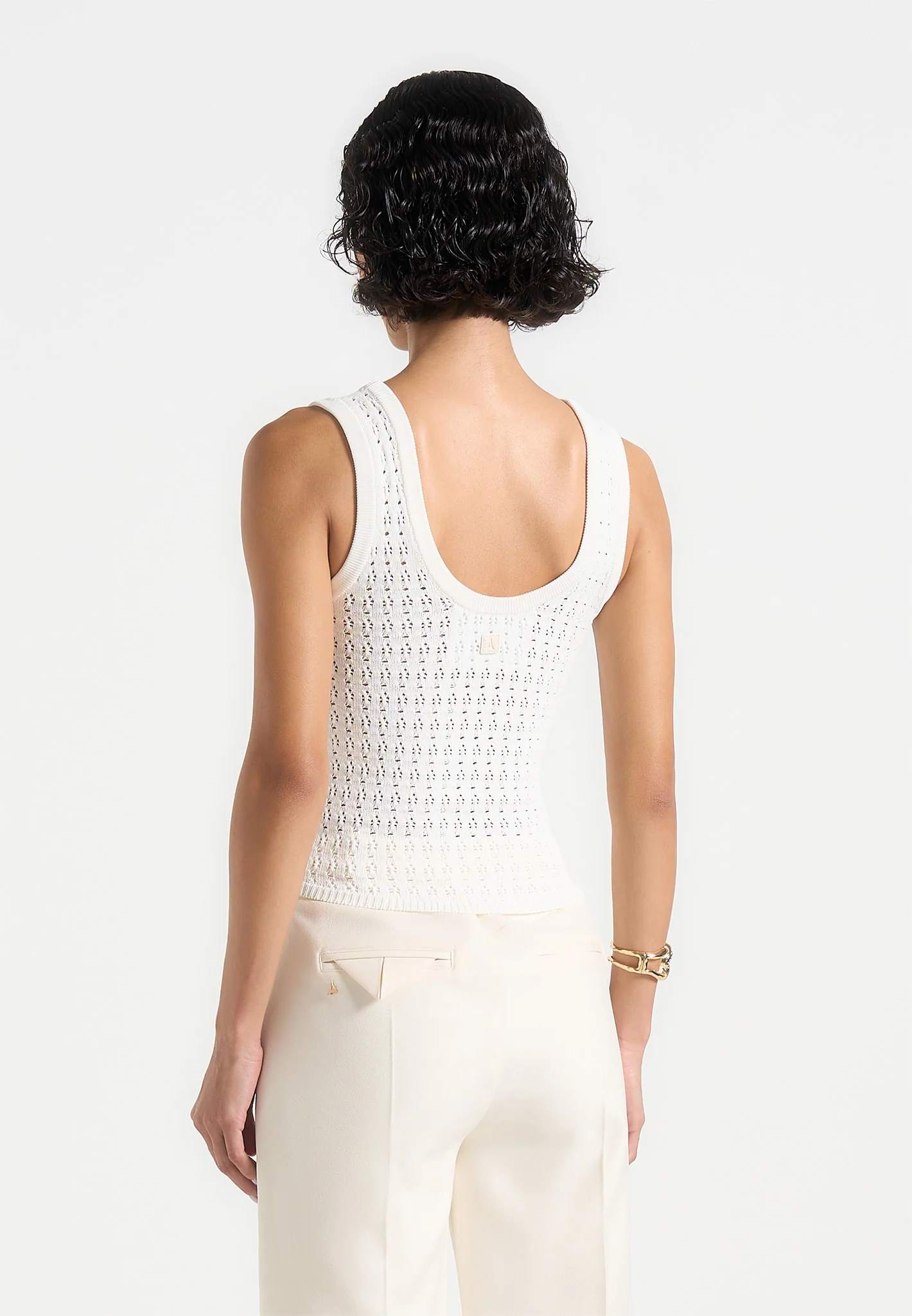 Nora - Pointelle Knitted Vest with Knot Button - Cream - Image 4
