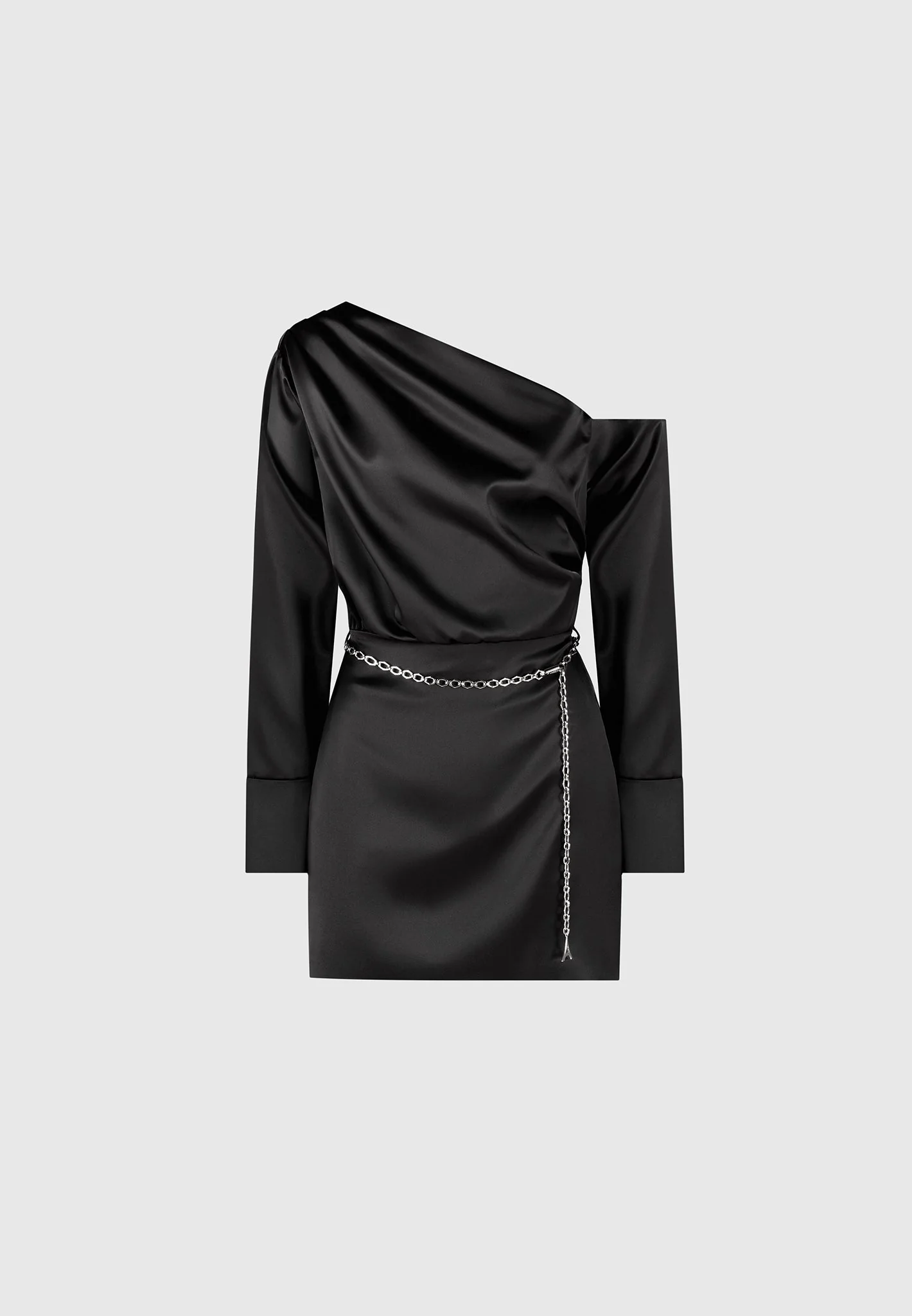 Off Shoulder Draped Satin Mini Dress with Belt - Black - Image 5