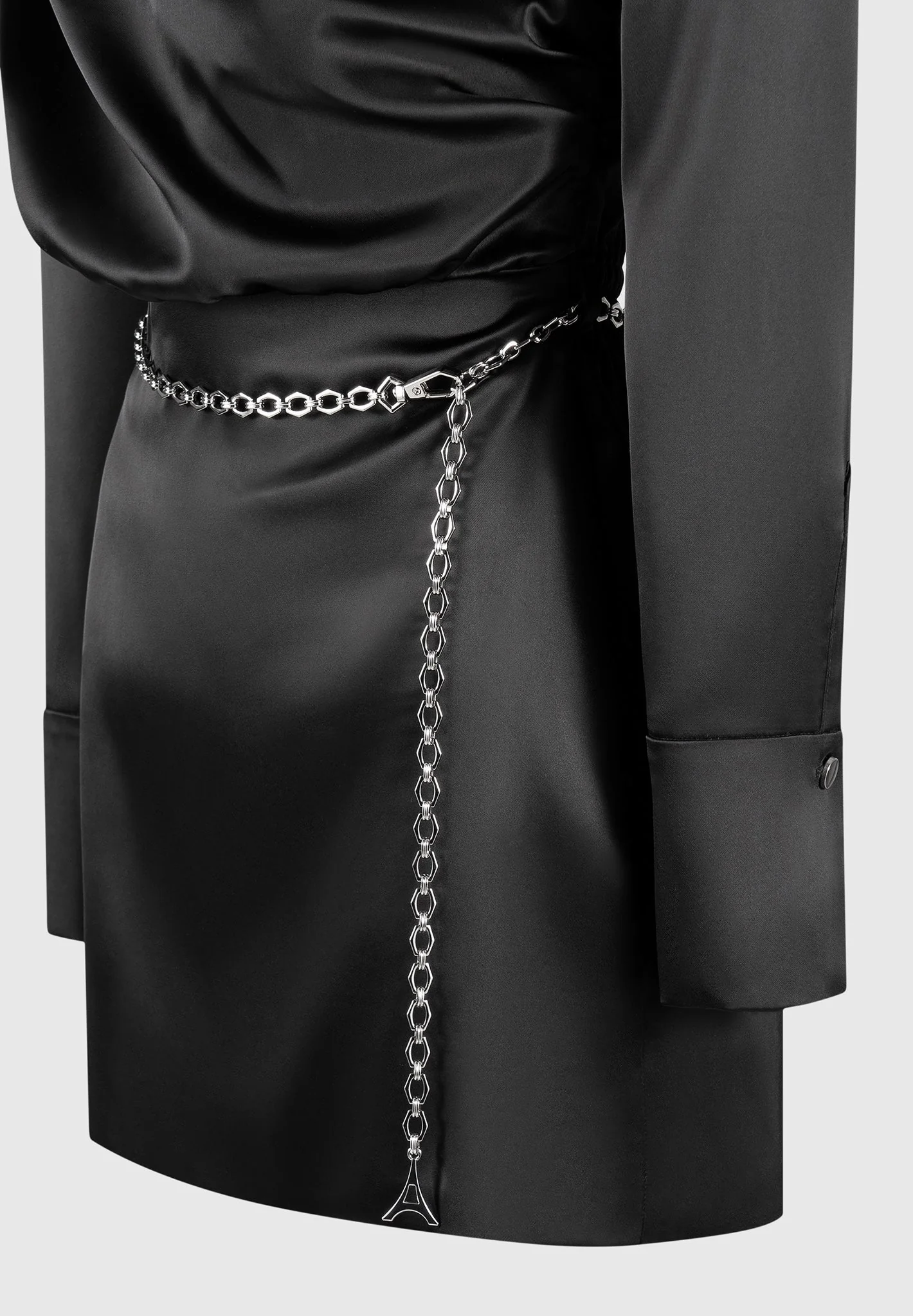 Off Shoulder Draped Satin Mini Dress with Belt - Black - Image 6