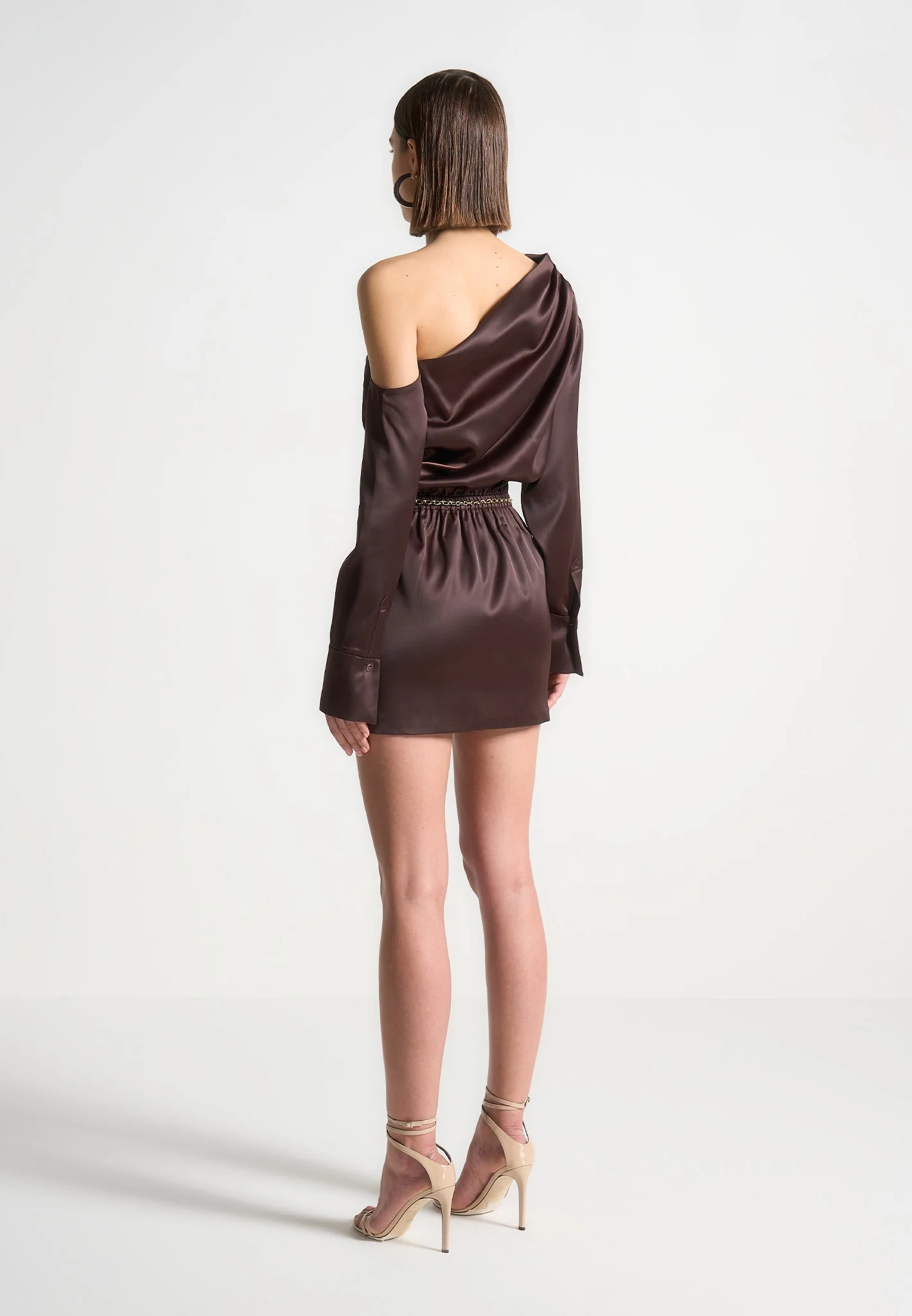 Off Shoulder Draped Satin Mini Dress with Belt - Brown - Image 5